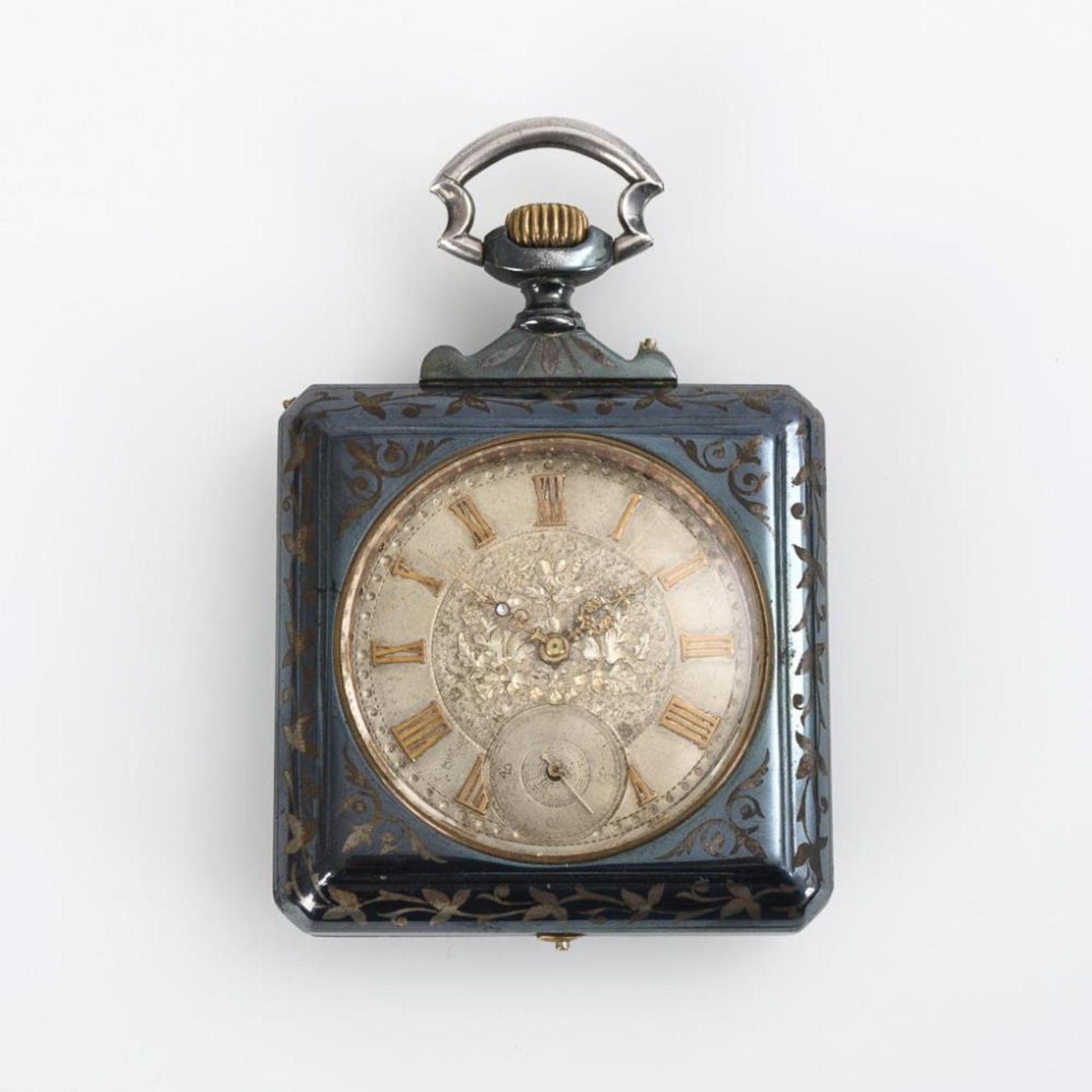 Schwere Historismus-Taschenuhr mit Niello-Dekor.