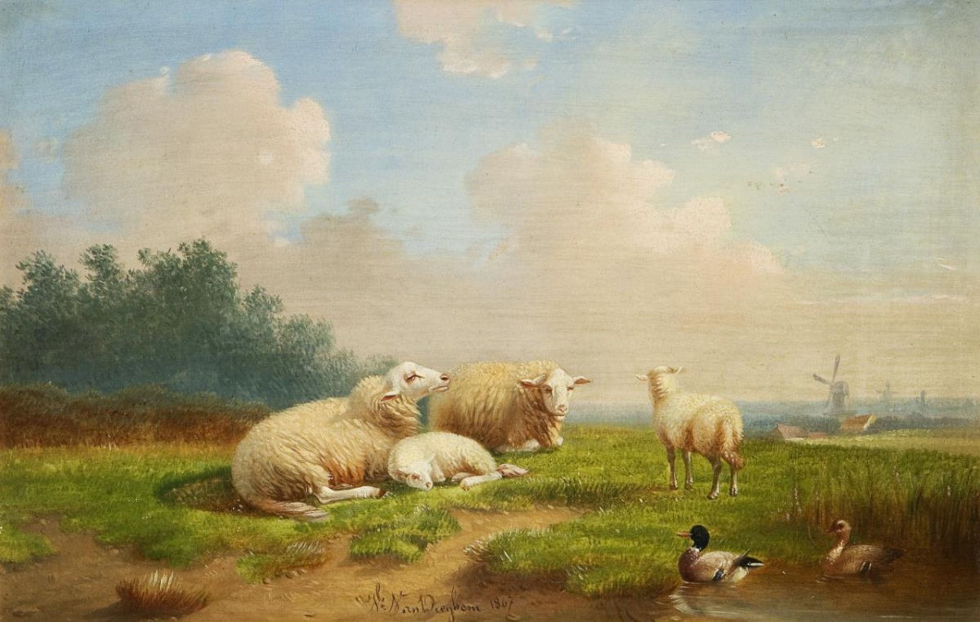 DIEGHEM, Joseph van (1843 Hal - 1885 Brüssel). Schafe und Enten in Sommerlandschaft.