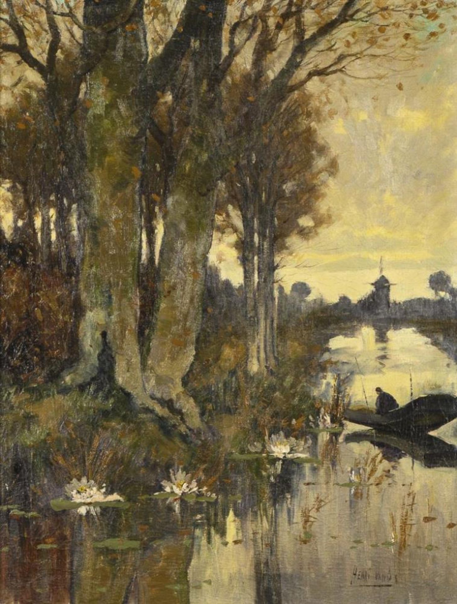 S-DELHEZ, Henri van (1880 Nieuwer-Amstel - 1976 Blaricum). Holländische Flusslandschaft mit Kahnfahr