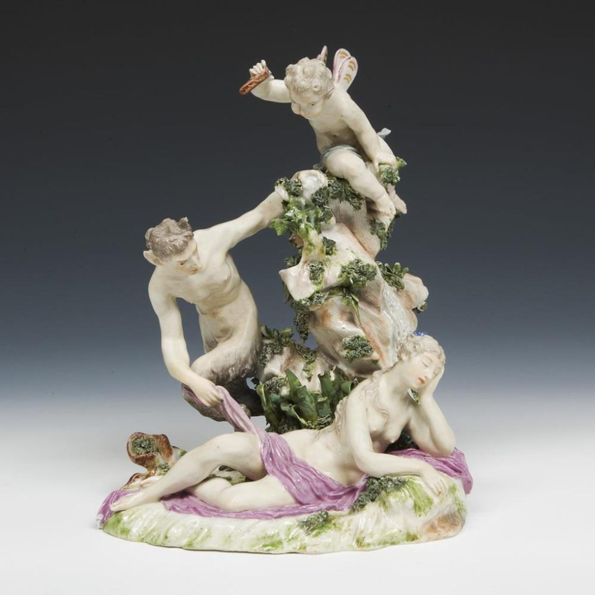 Seltene Barock-Figurengruppe: Jupiter (Satyr) und Antiope mit Eros.