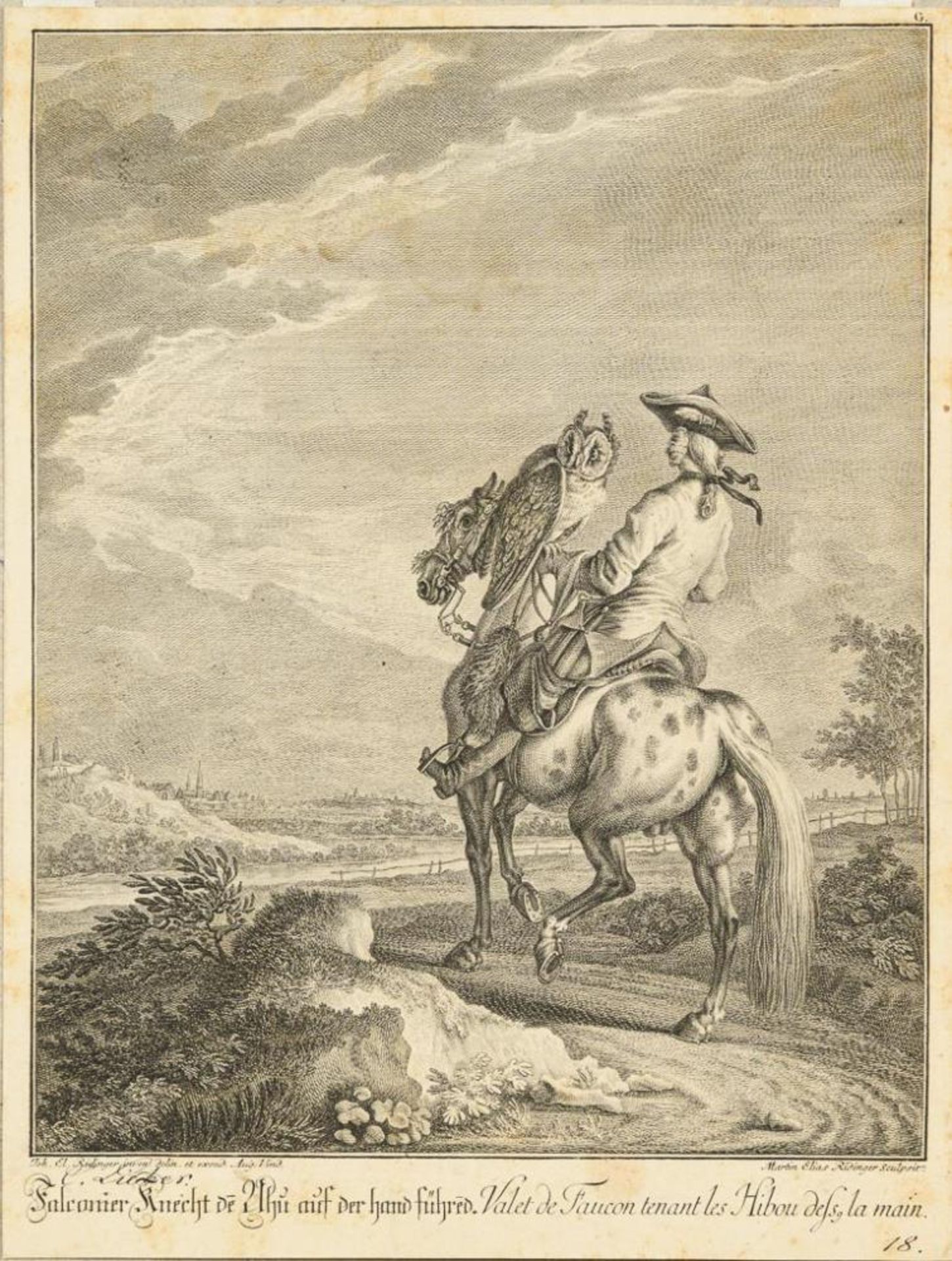 RIDINGER, Johann Elias (1698 Ulm - 1767 Augsburg). "Falconierknecht den Uhu auf der Hand führend.".