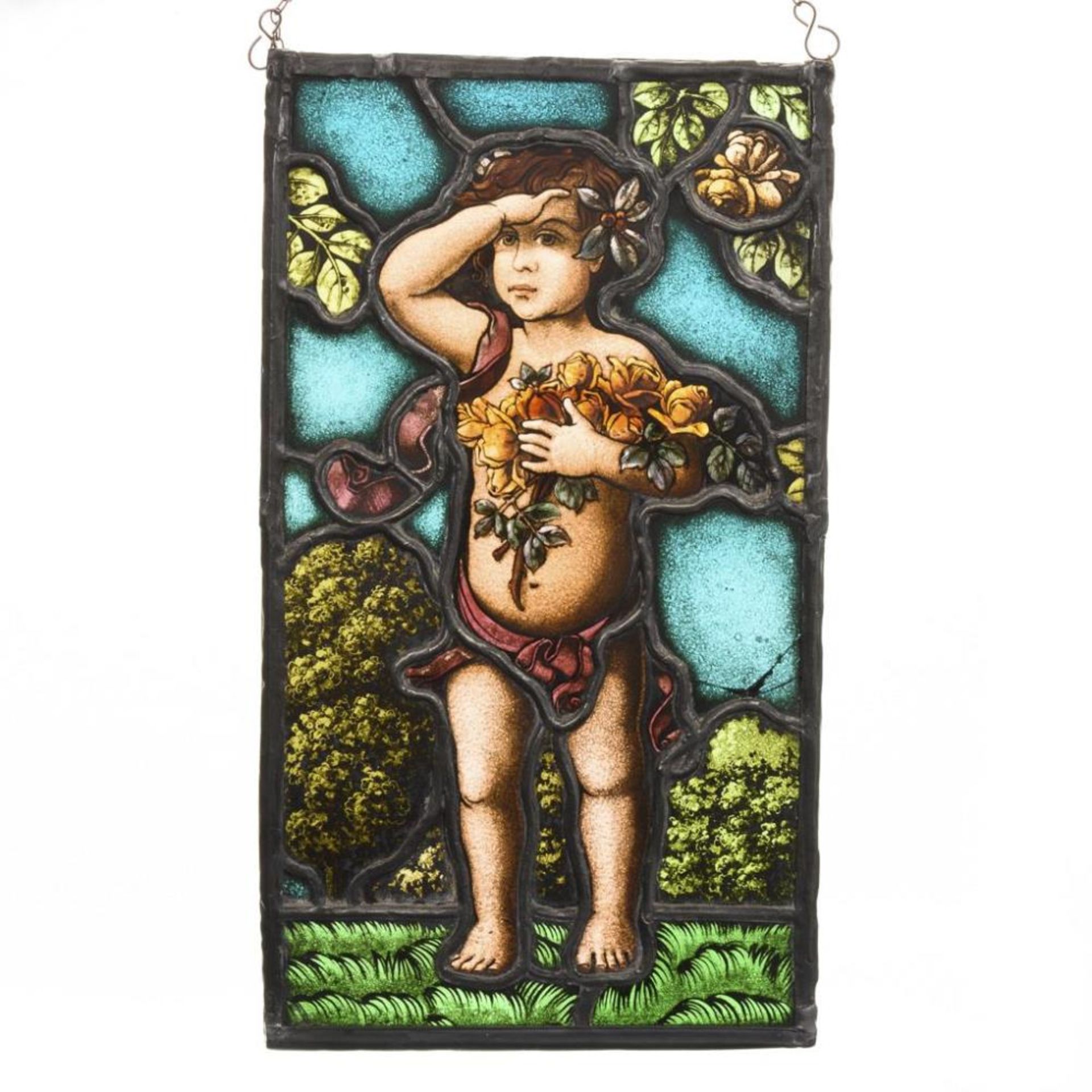 Bleiglas-Fensterbild: Putto mit Blumen.