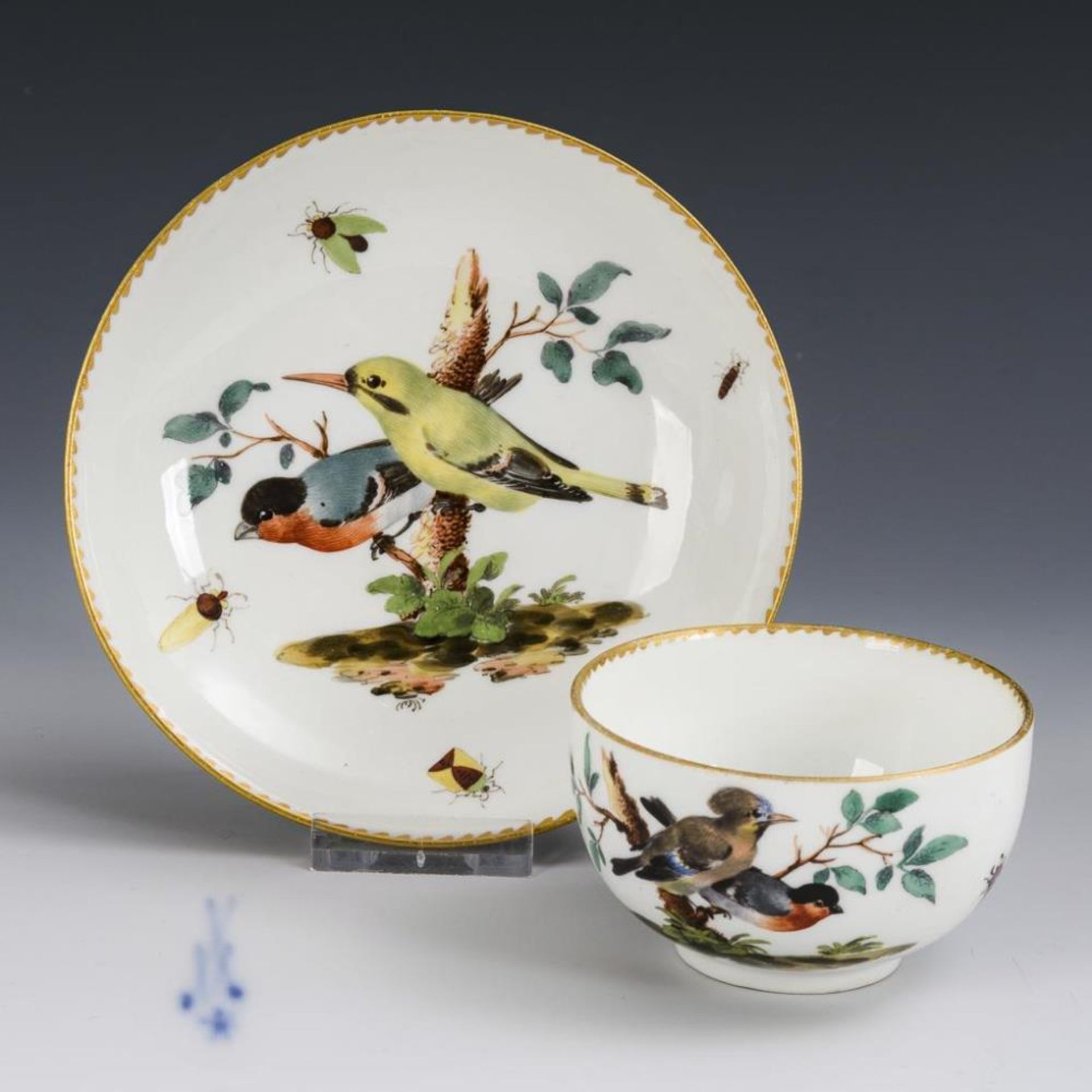 Tasse mit Vogel- und Insektenmalerei.  Meissen.