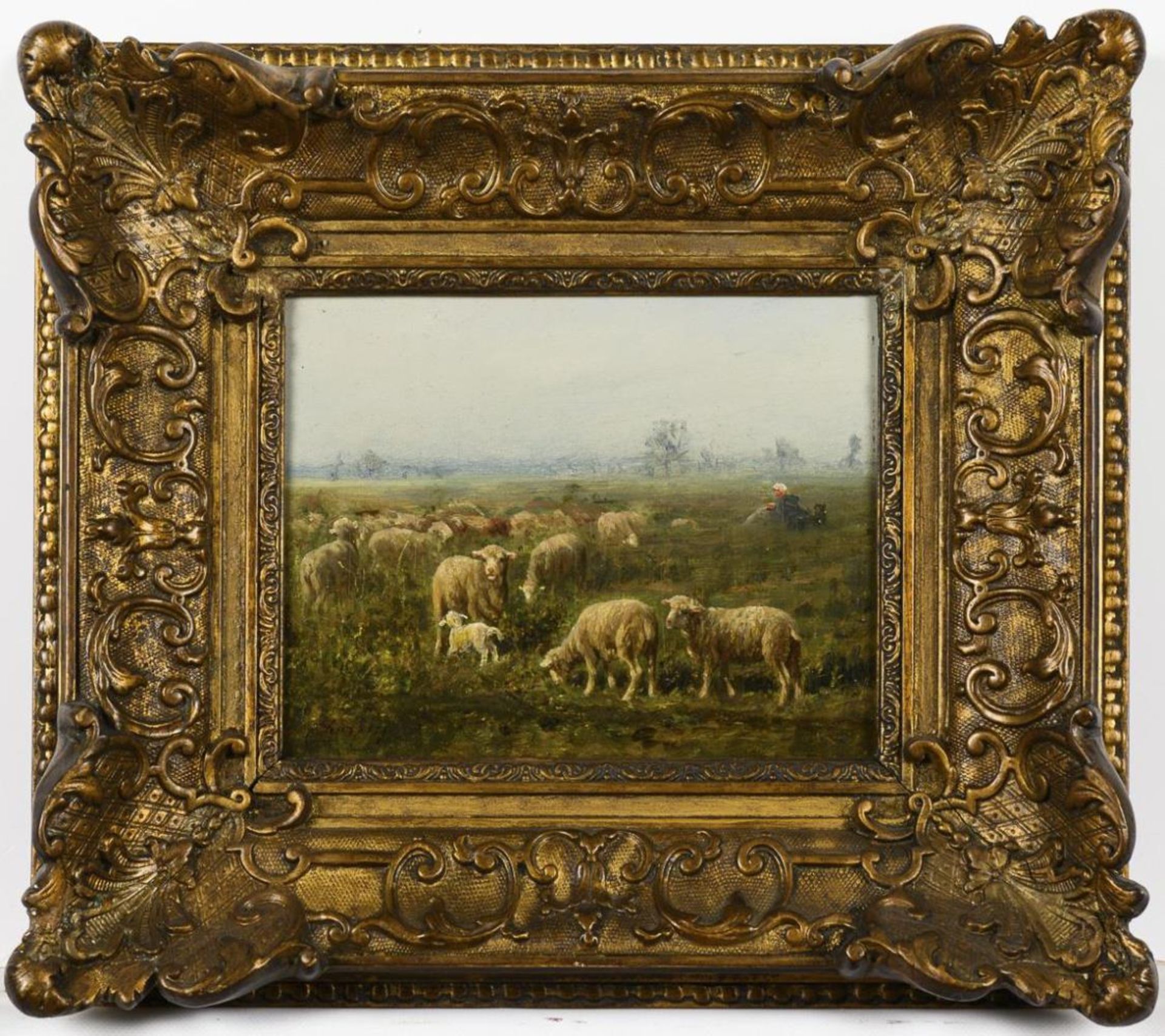 Undeutlich signiert: Schafherde auf der Weide. - Bild 3 aus 4