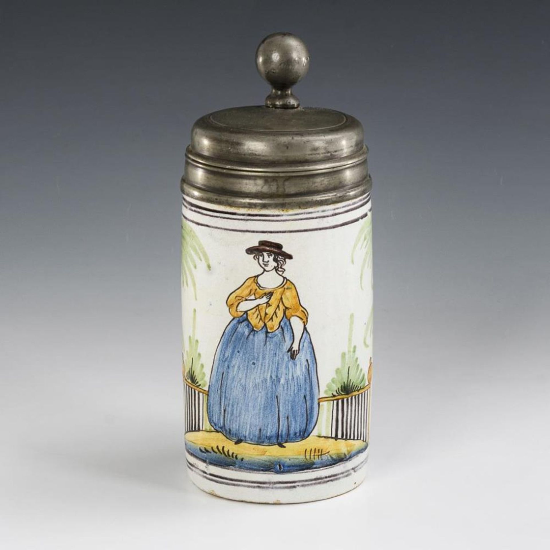 Barocker Fayence-Walzenkrug mit Dame in Landschaft. - Image 2 of 6