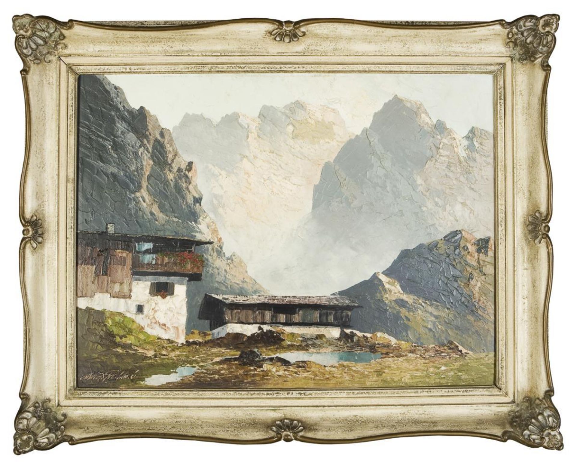 ARNOLD-GRABONÉ, Georg (1896 München - 1981 Percha). Bergbauernhof vor Gebirgsmassiv. - Bild 2 aus 4