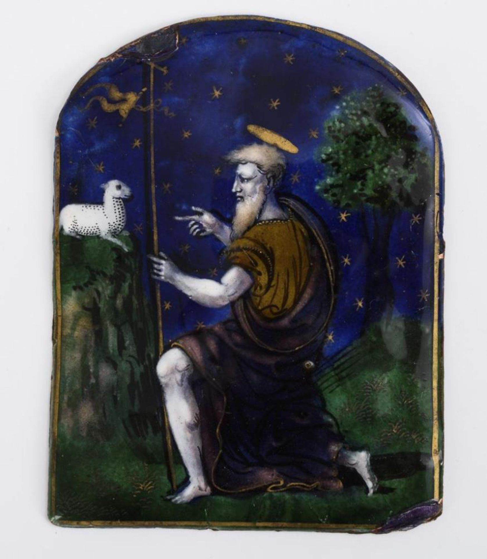 Renaissance-Emailleminiatur:  Johannes der Täufer weist auf das Opferlamm.  Limoges. - Bild 3 aus 5