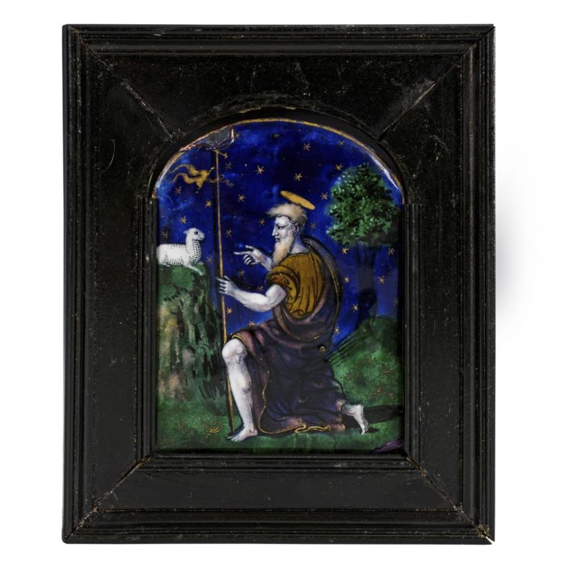 Renaissance-Emailleminiatur: Johannes der Täufer weist auf das Opferlamm. Limoges.