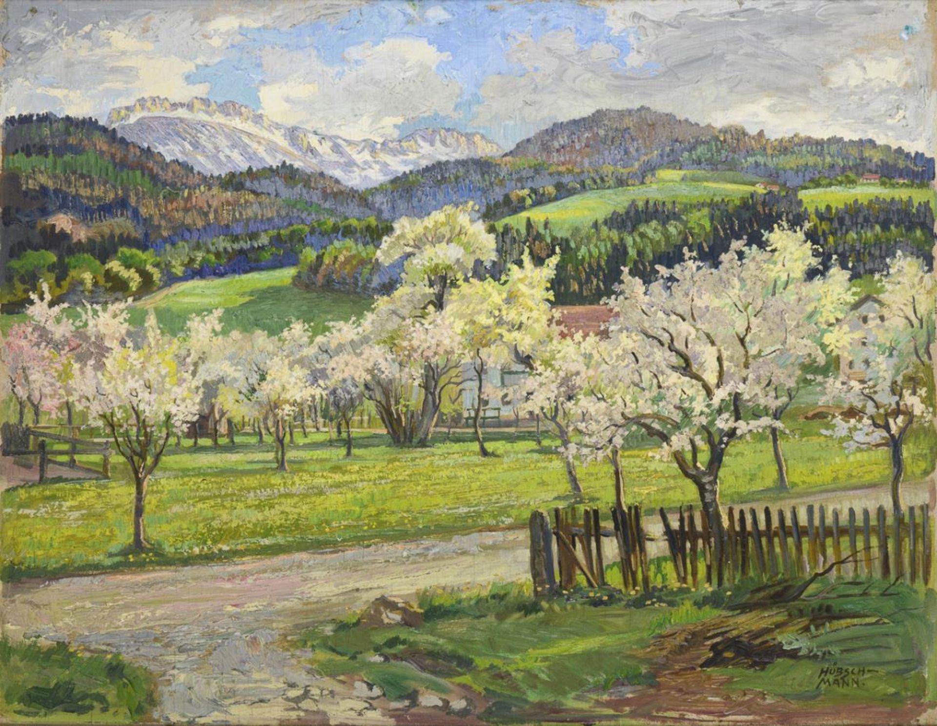 HÜBSCHMANN, Karl (1878 Erfurt - 1955 Dresden). Blühende Obstbäume im Frühling.