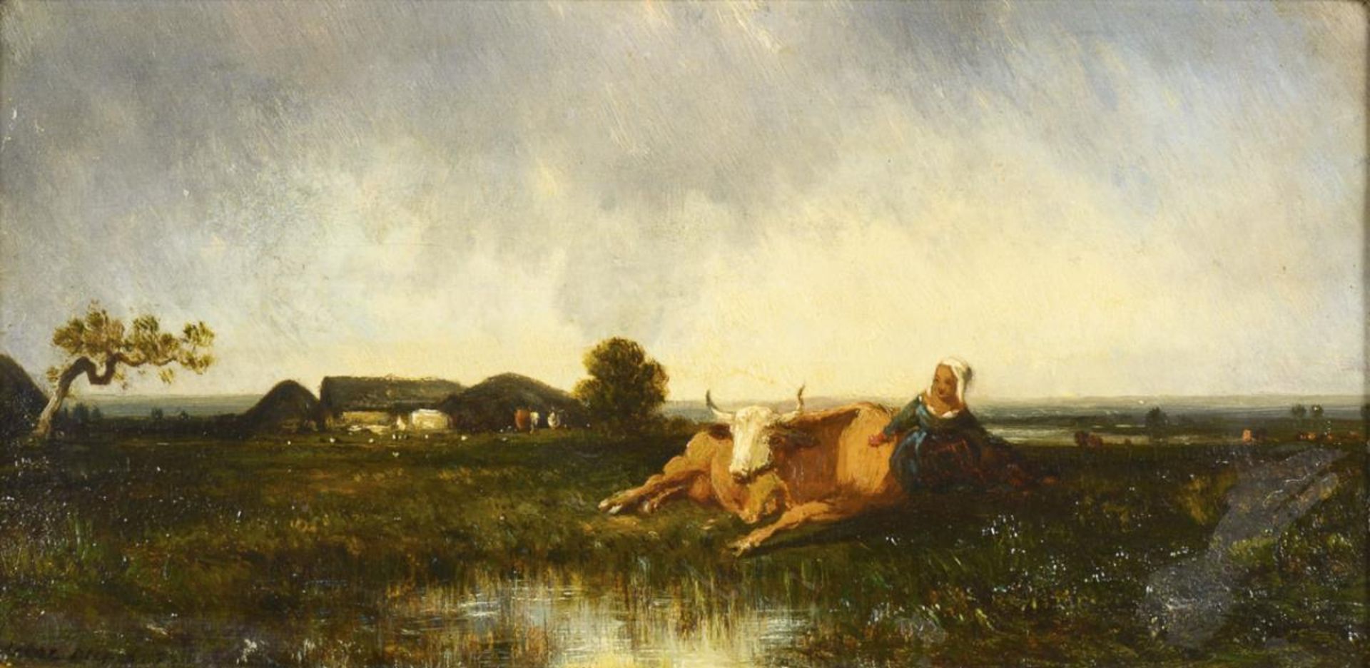 DUPRÉ, Léon Victor (1816 Limoges - 1879 Paris). Landschaft mit Mädchen und Kühen vor Gehöft.