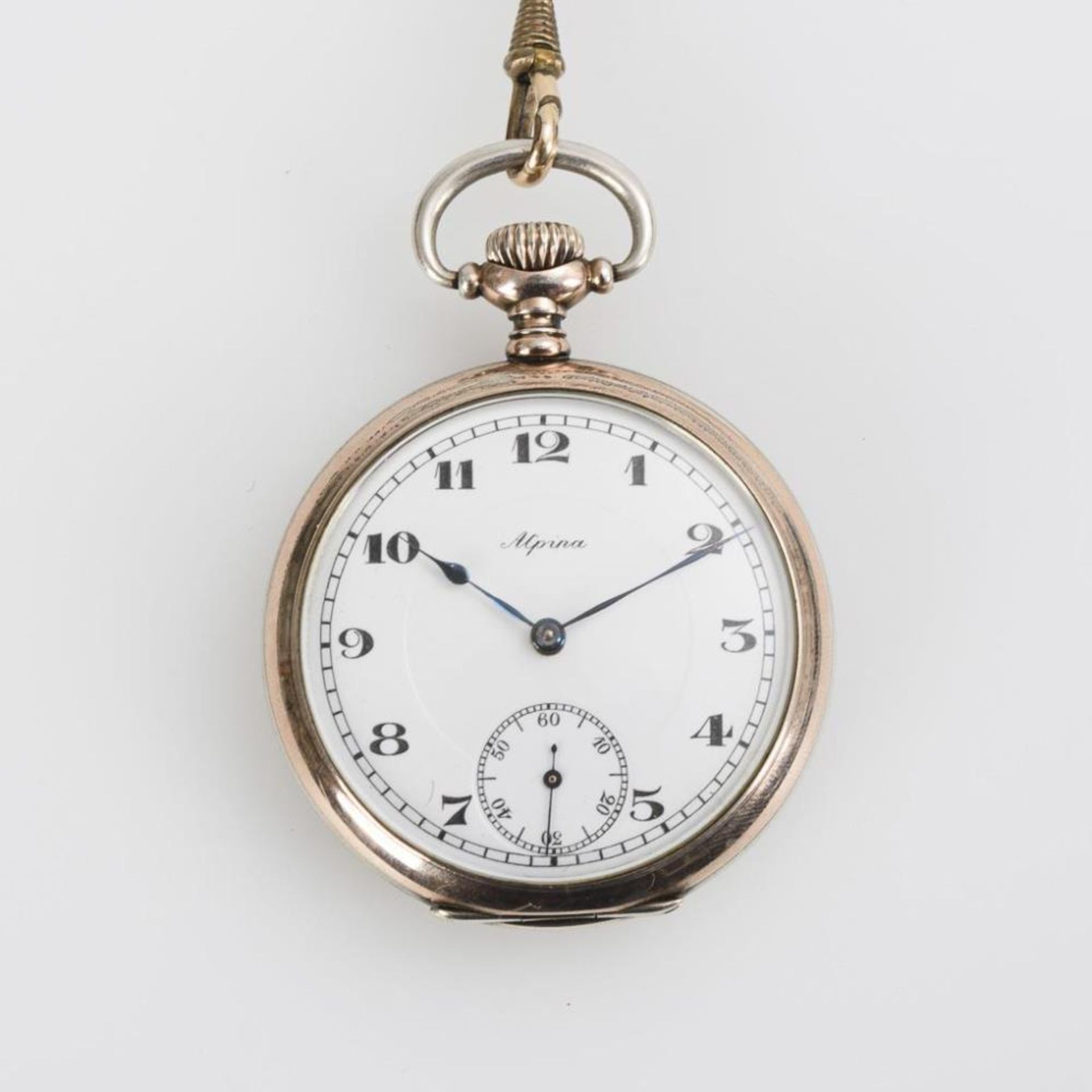 Silberne Taschenuhr mit Uhrenkette.. Alpina / Junghans.