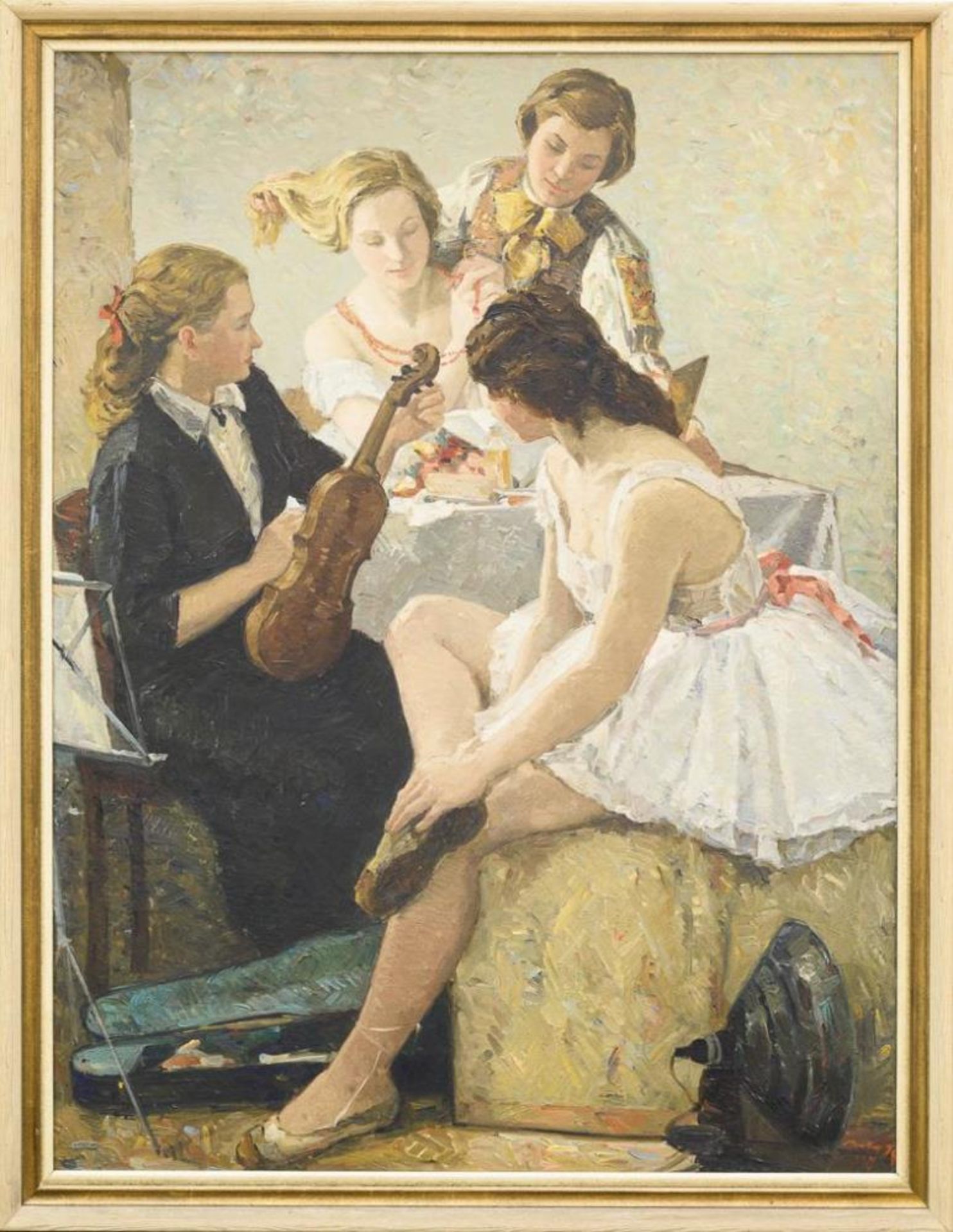 Großformatiges Gemälde mit drei jungen Mädchen. - Bild 3 aus 6