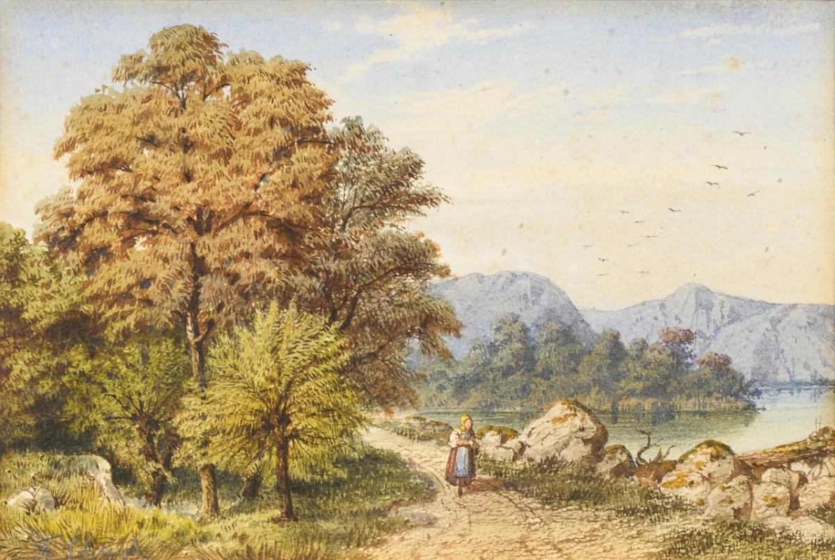 SCHLEGEL, Friedrich August (1828 Heidersdorf - 1895 Dresden). Landschaft mit Bäuerin am Seeufer.