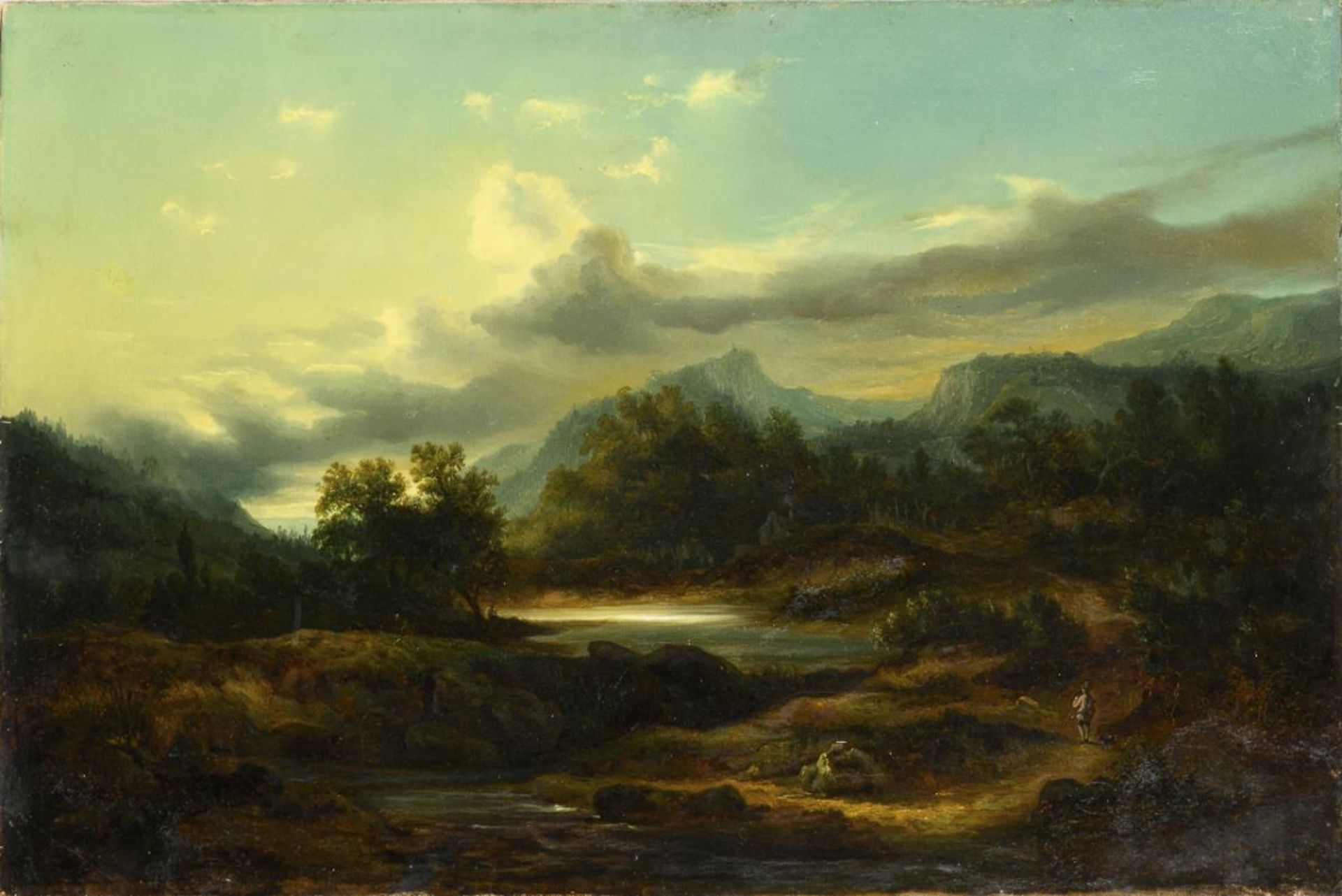 ACHENBACH, Andreas - Umkreis. Gebirgslandschaft mit Fluss und Staffage.