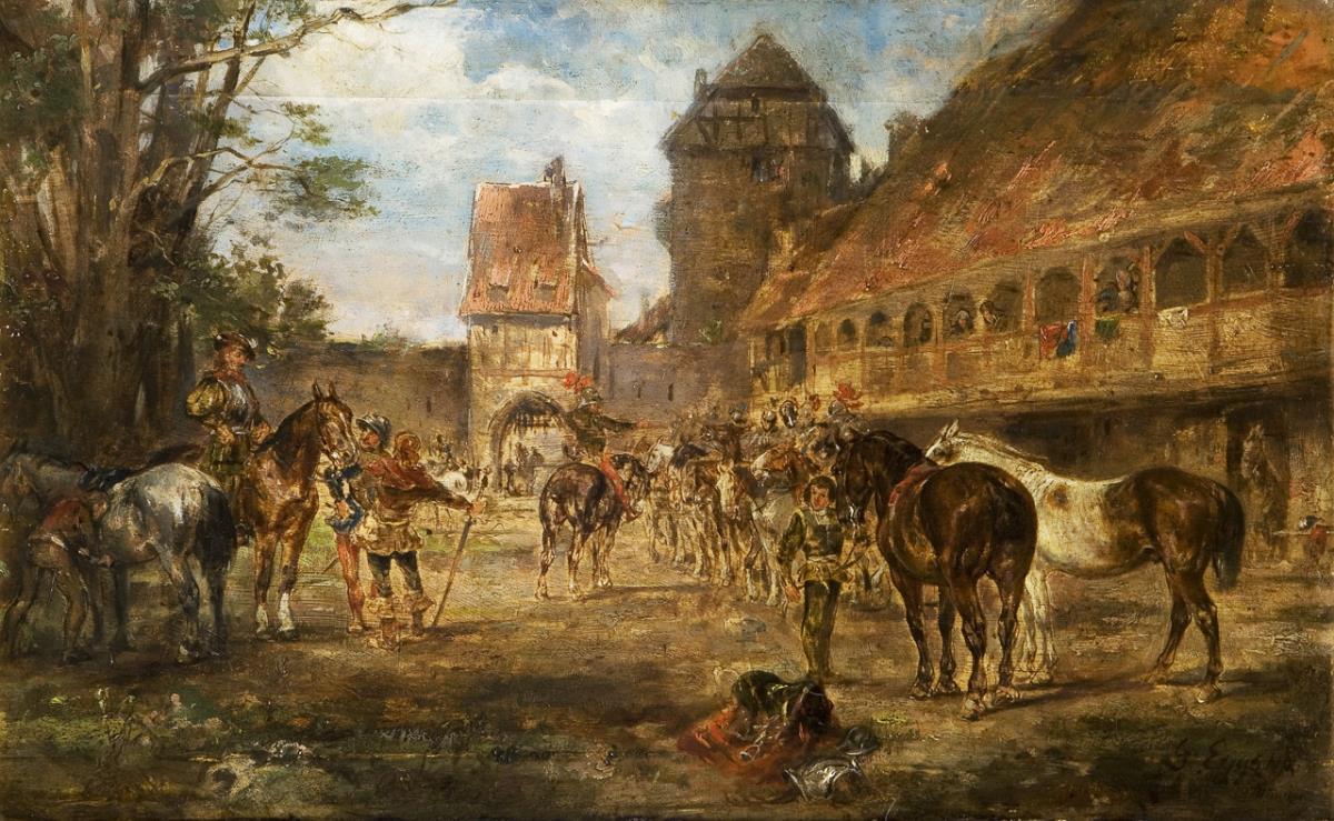 EGGENA, Gustav (1850 Marburg - 1915 München). Vor dem Ritter-Reitturnier.