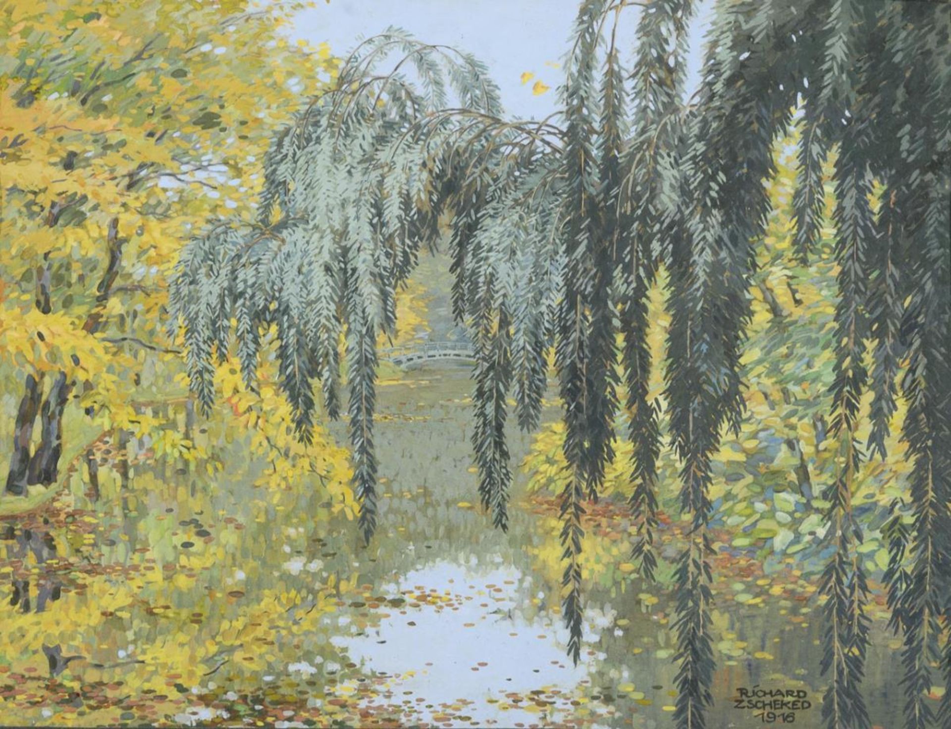 ZSCHEKED, Richard (1885 Weinböhla - 1954 Schwerin). Flusslandschaft mit Brücke.