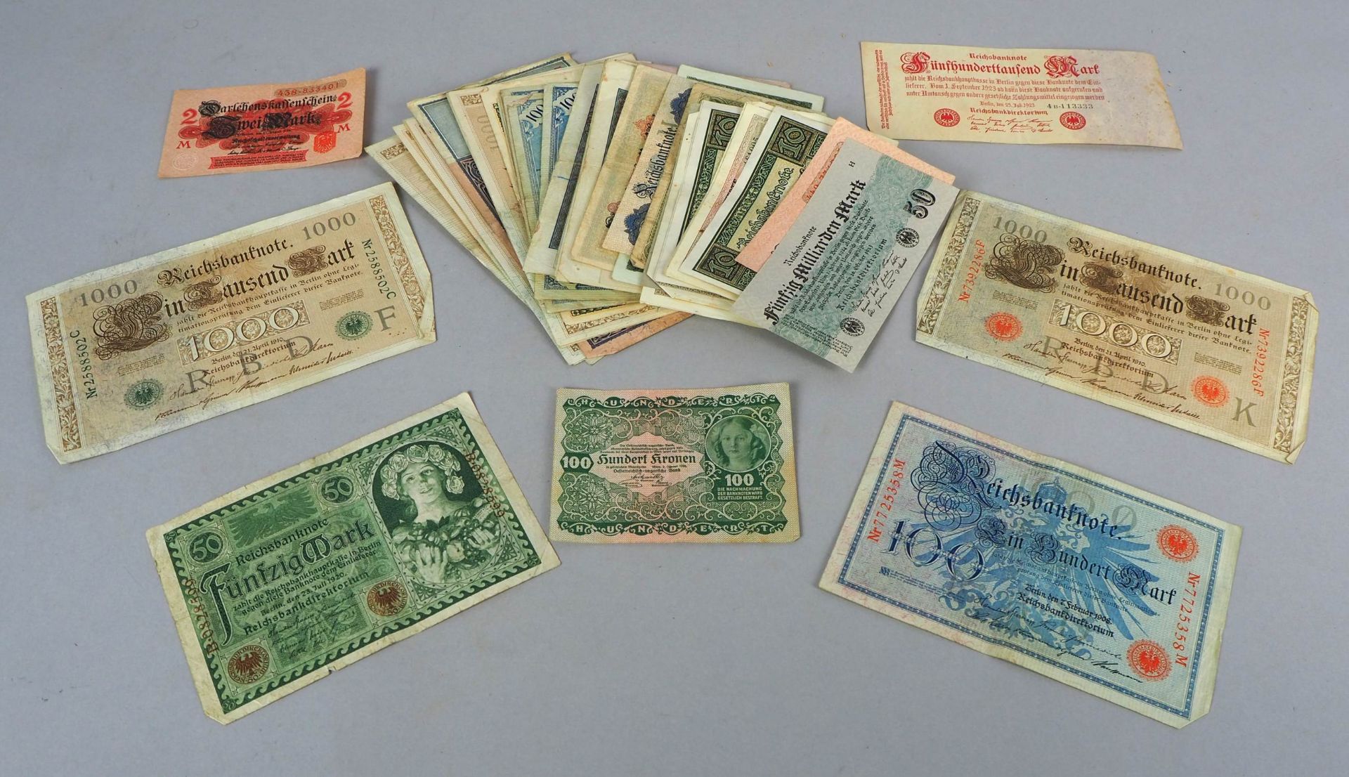 Mixed German inflation money and emergency money bills beginning 20th century.