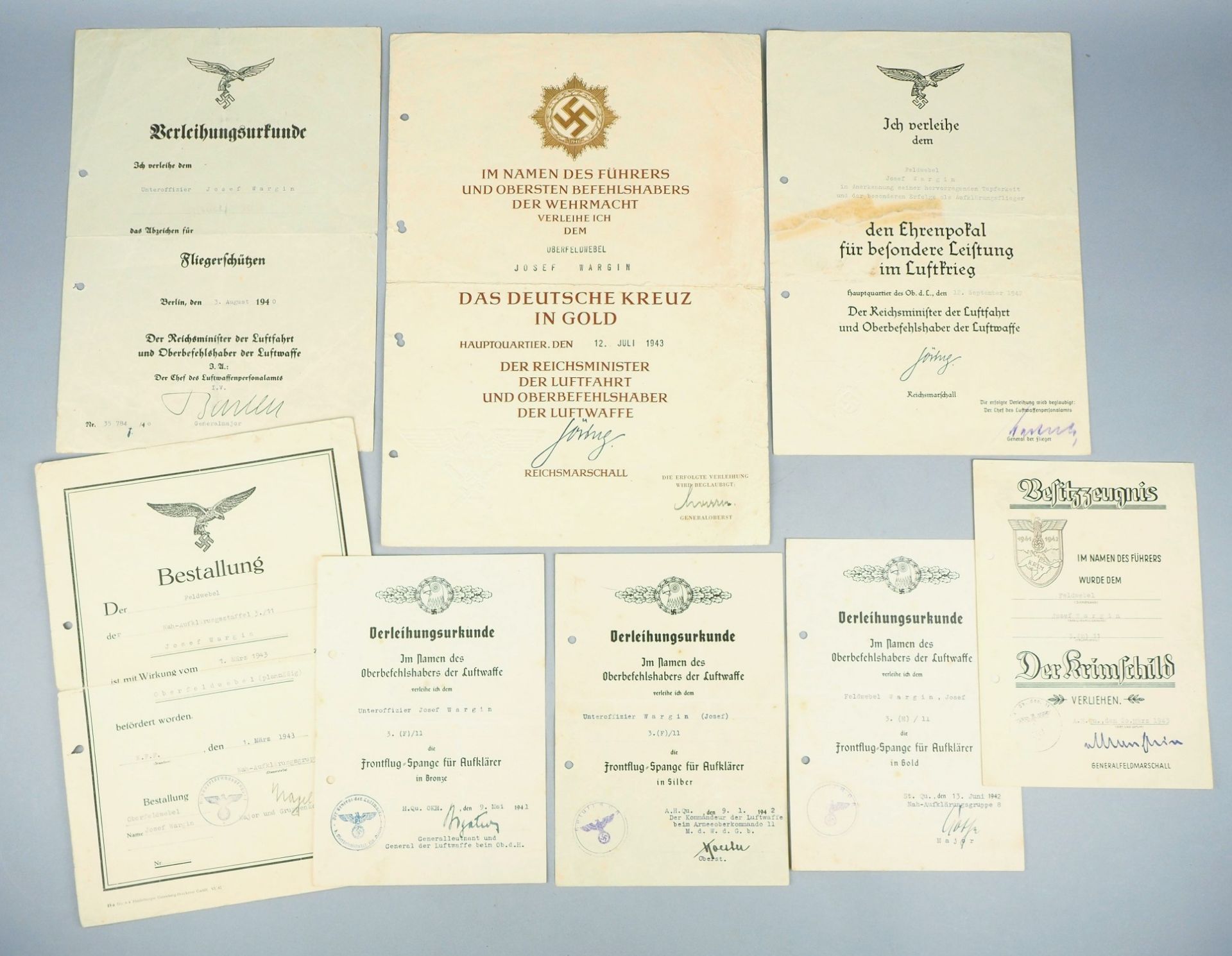 Luftwaffe: First Class Certificate Group of First Sergeant Josef Wargin - 3rd / Reconnaissance Squa