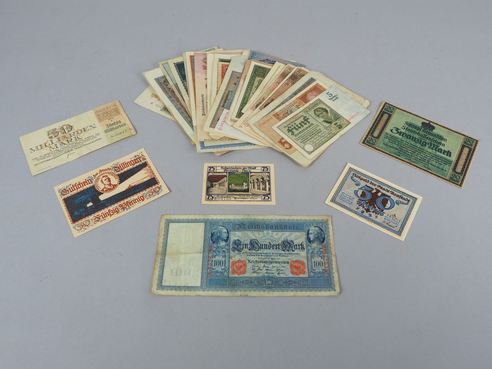 Mixed German inflation money and emergency money bills beginning 20th century.