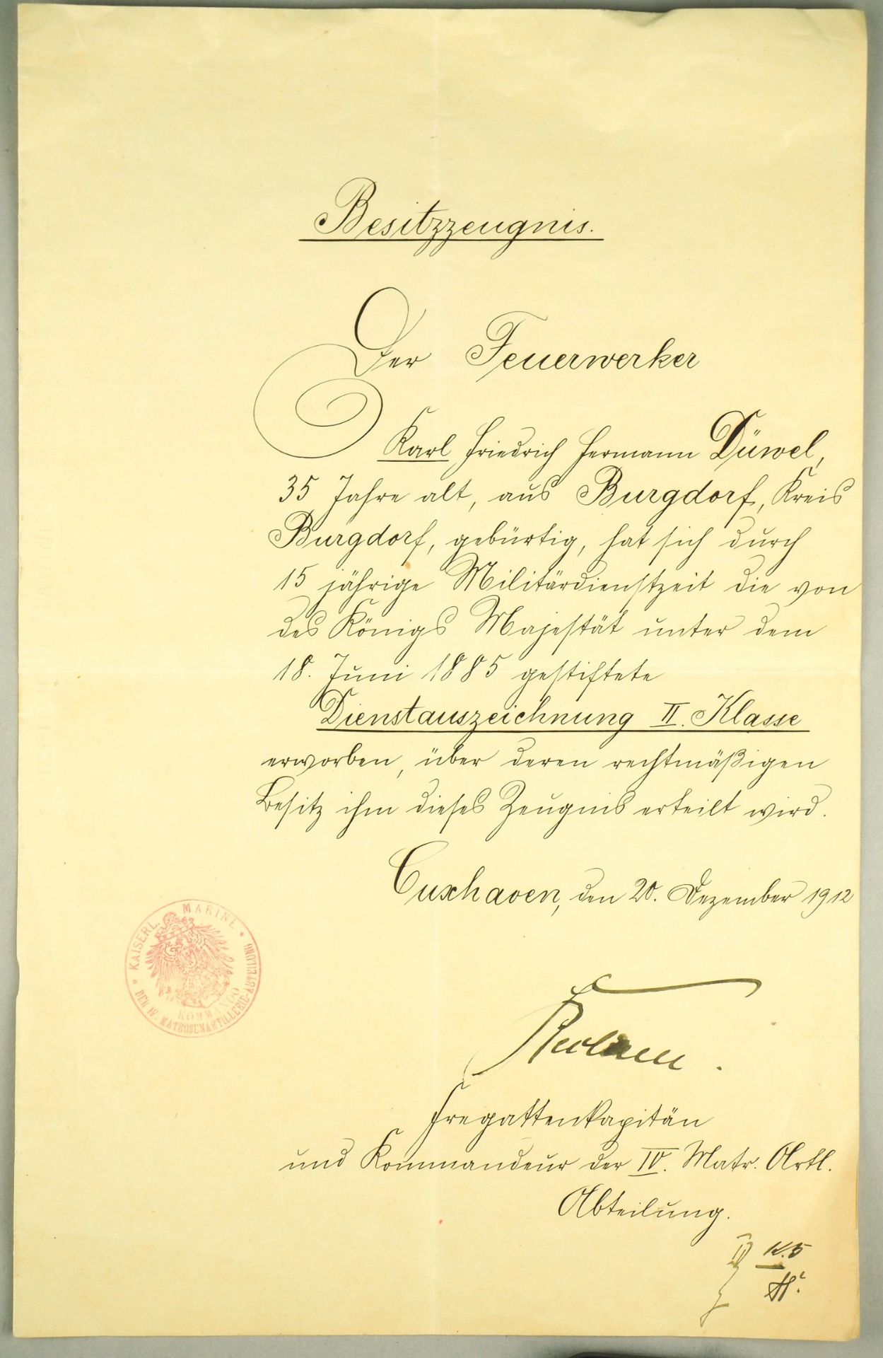 Imperial Navy: Service Award II. class for fireworkers, 1912 - with signature Otto Bechtel