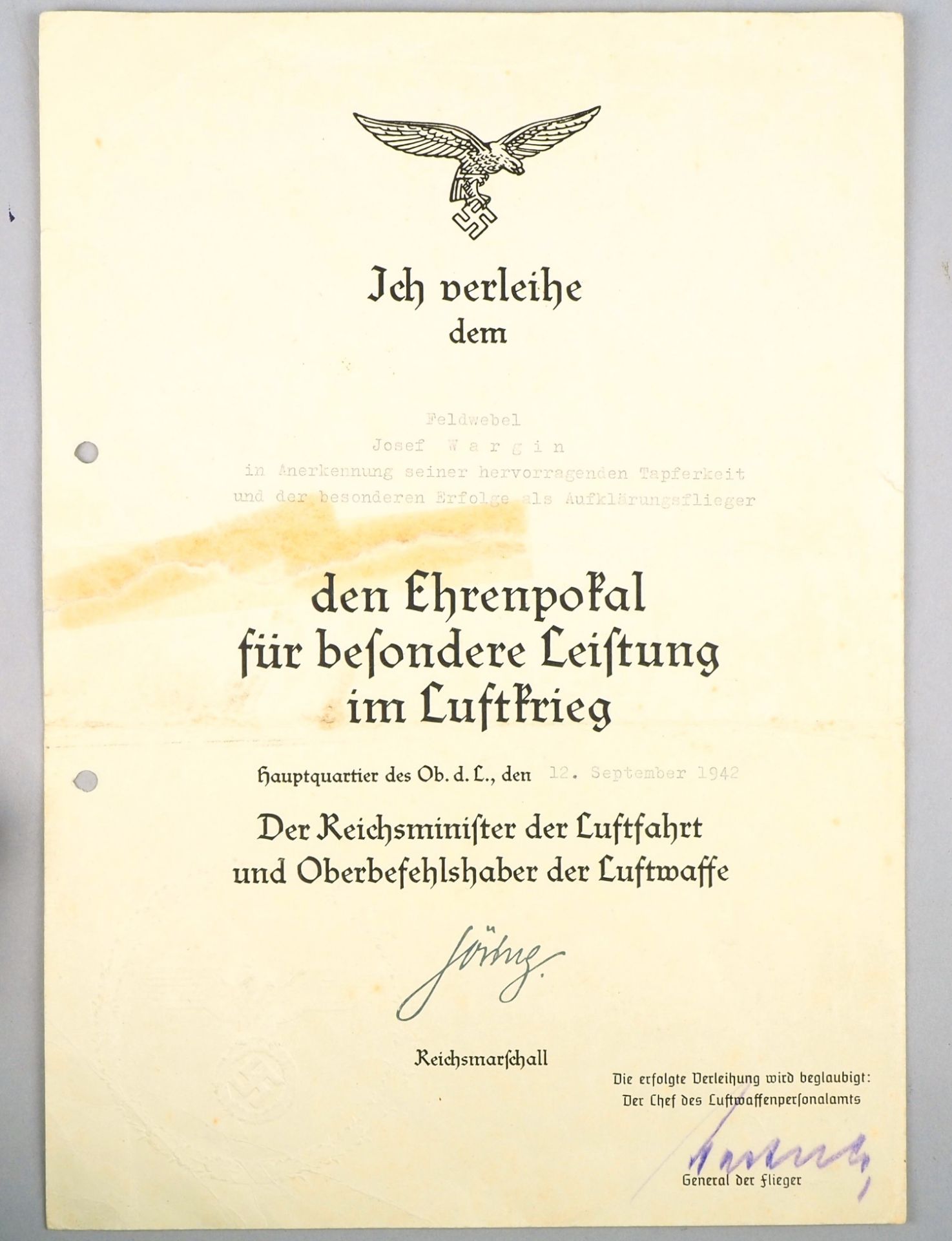 Luftwaffe: First Class Certificate Group of First Sergeant Josef Wargin - 3rd / Reconnaissance Squa - Image 5 of 9