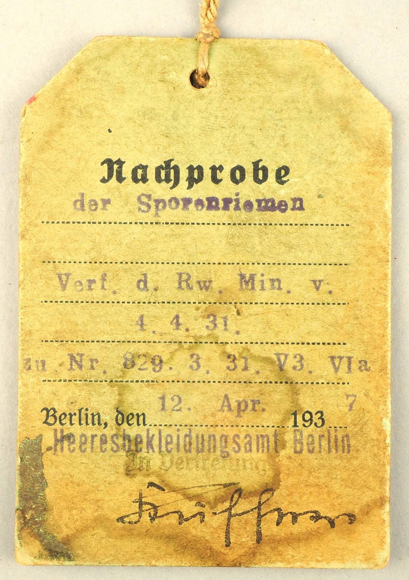 Wehrmacht: Heeresbekleidungsamt Berlin seltene Sporenriemen Nachprobe mit Siegel-Etikett, 1937 - Bild 4 aus 4