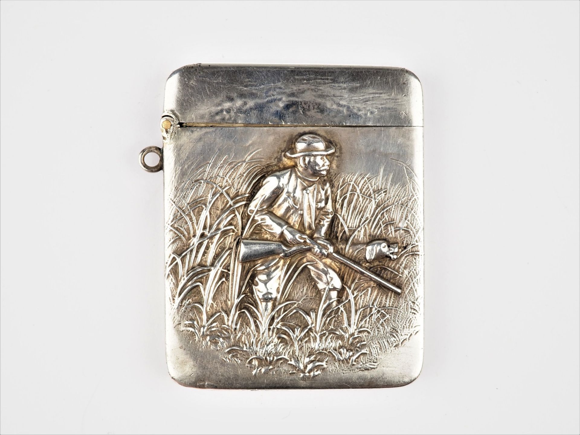 Silber Streichholzschachtel mit Jagd Relief um 1880