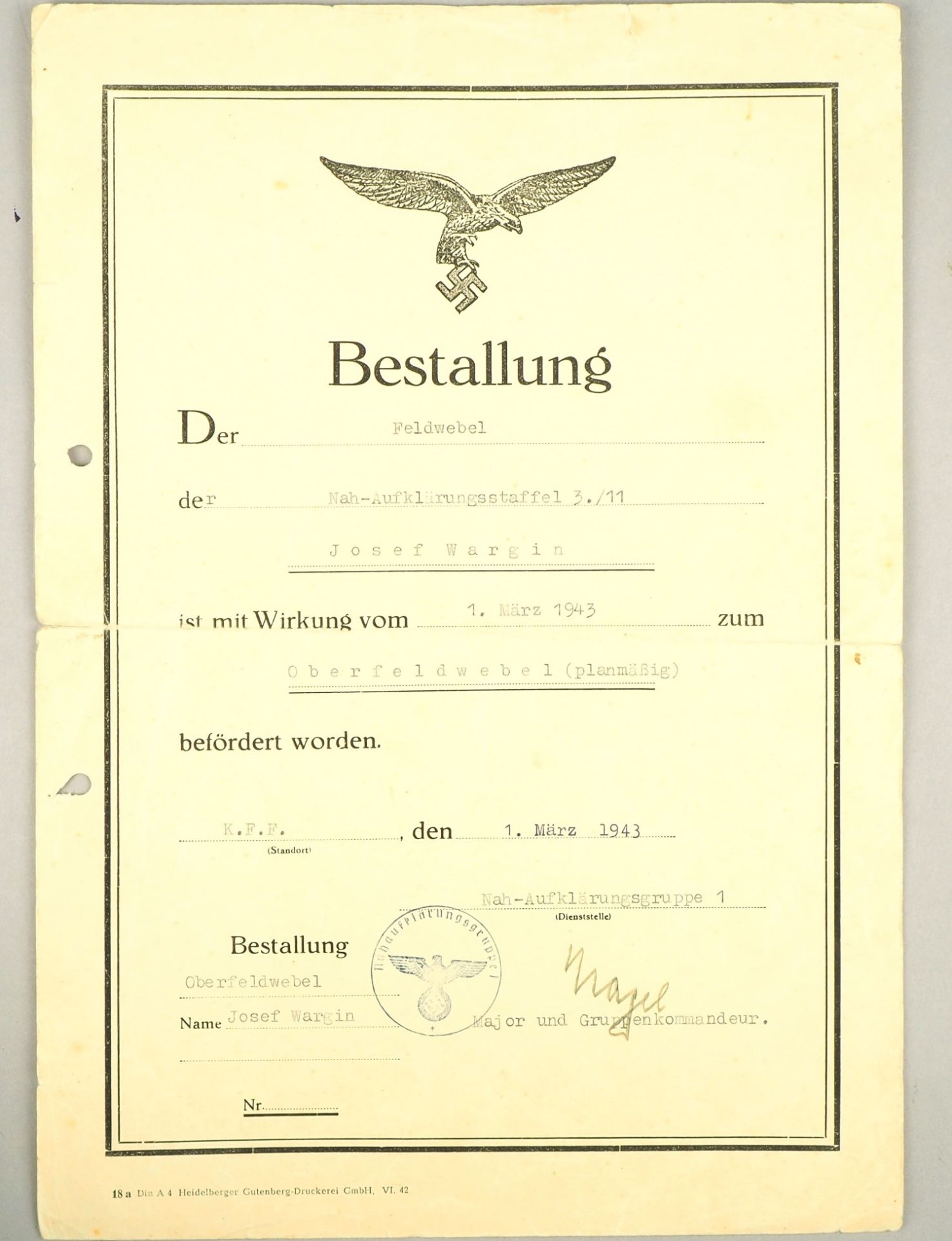 Luftwaffe: First Class Certificate Group of First Sergeant Josef Wargin - 3rd / Reconnaissance Squa - Image 7 of 9