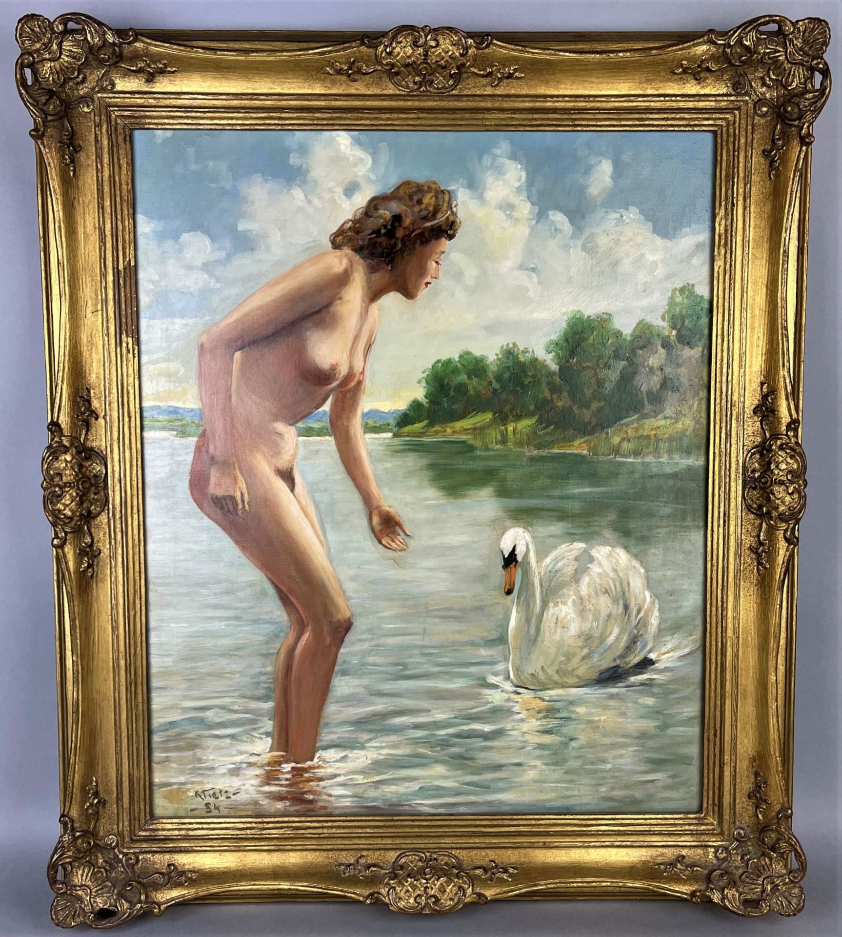 Oil painting "Bathers with swan", 1954