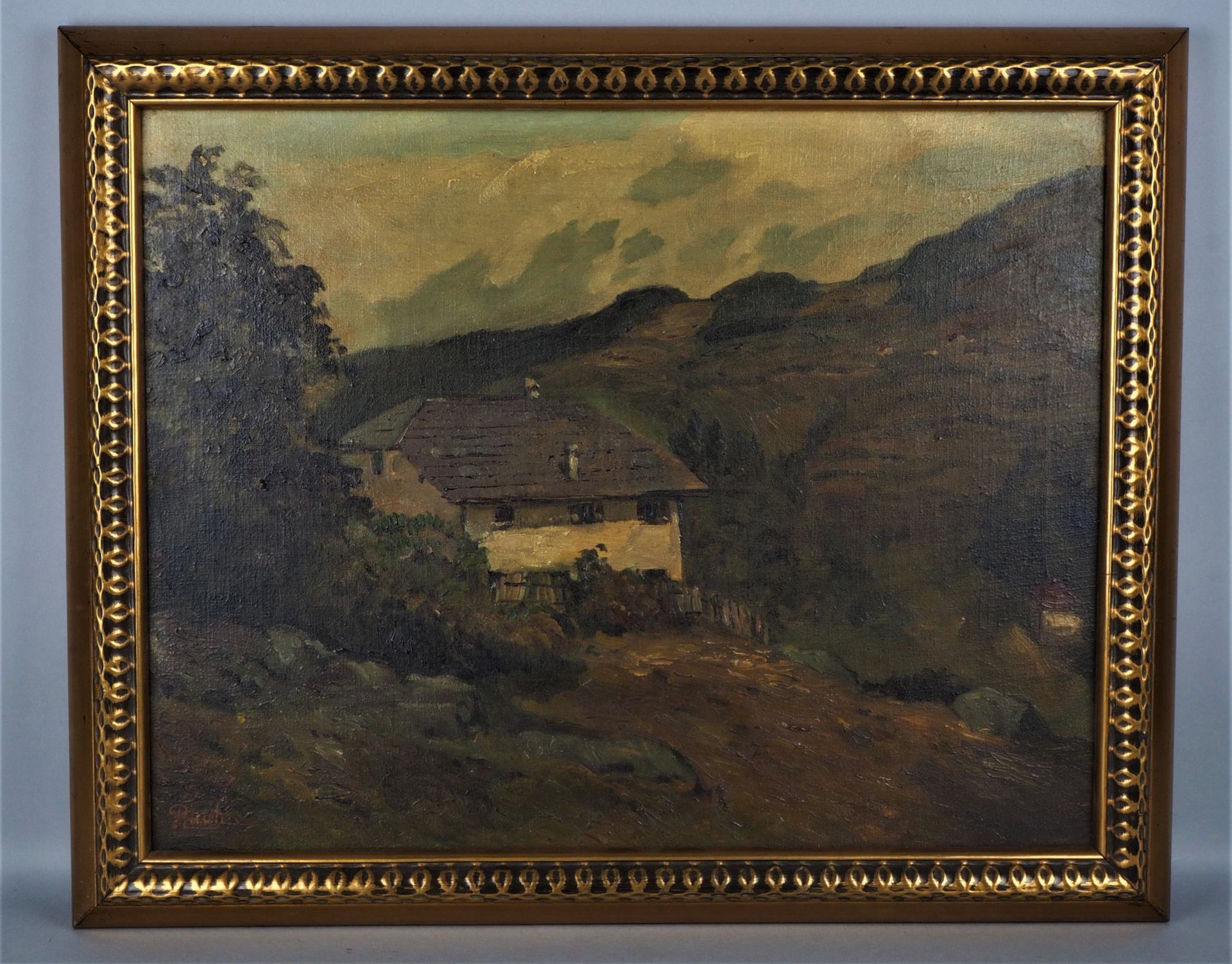 Oil painting Mountain hut, signed Rauh, early 20th century. 