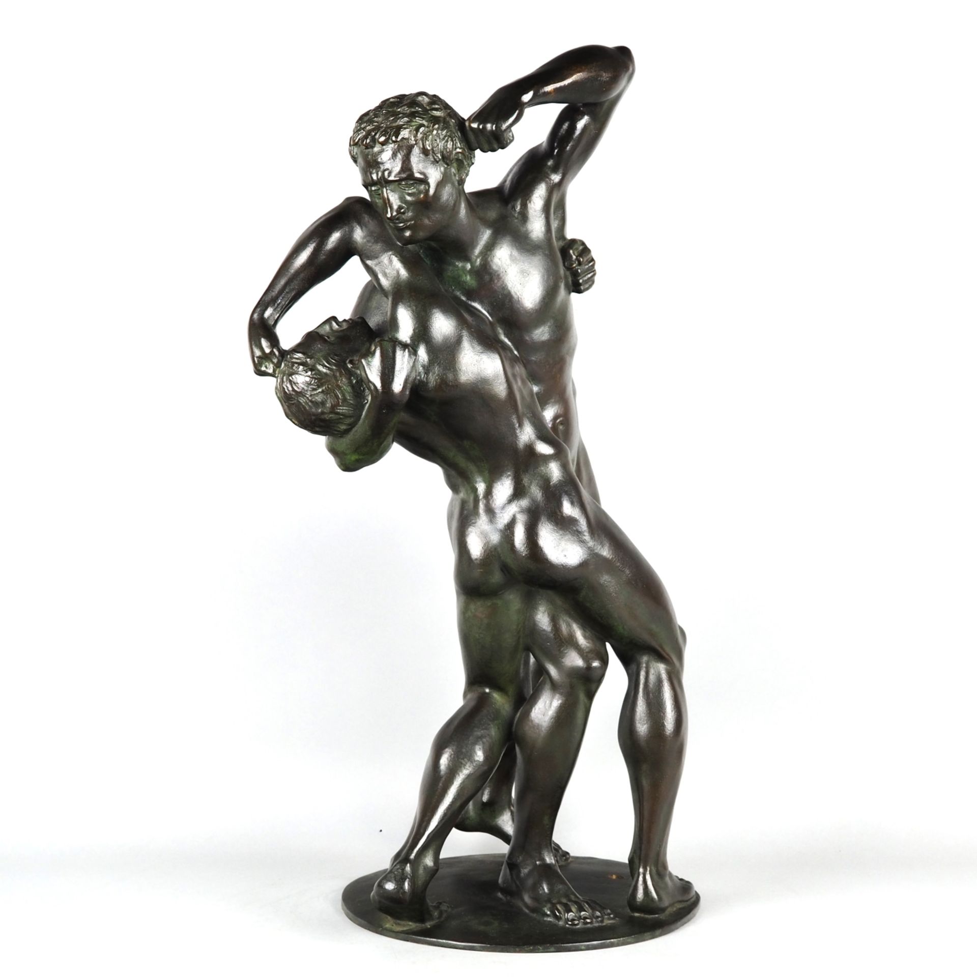 Imposing figure group of fighting male nudes made of bronze by Wilhelm Julius Frick beginning 20th 