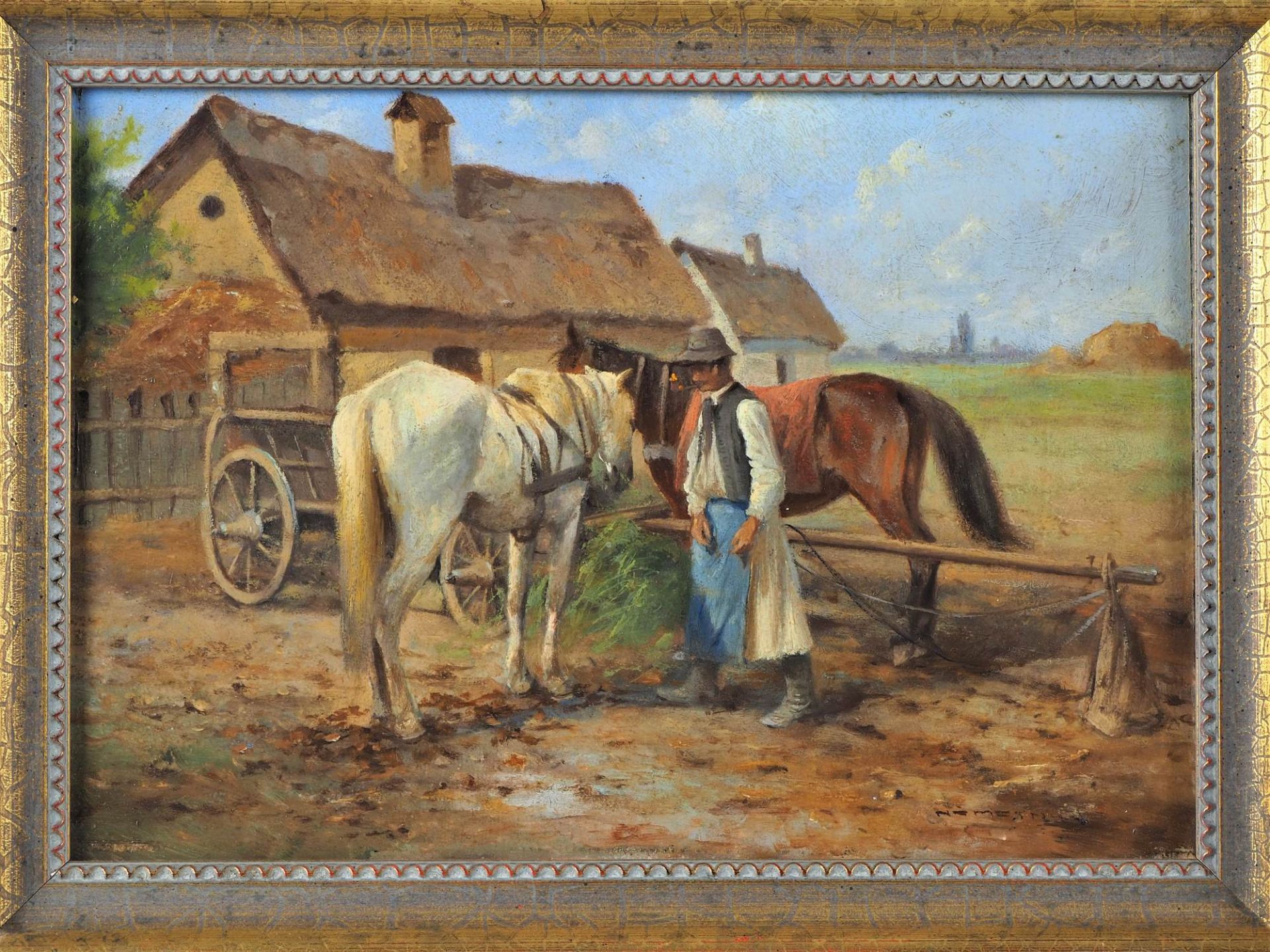 Small oil painting, probably Hungarian painter, horse team with farmer - sign. "Nemeth"