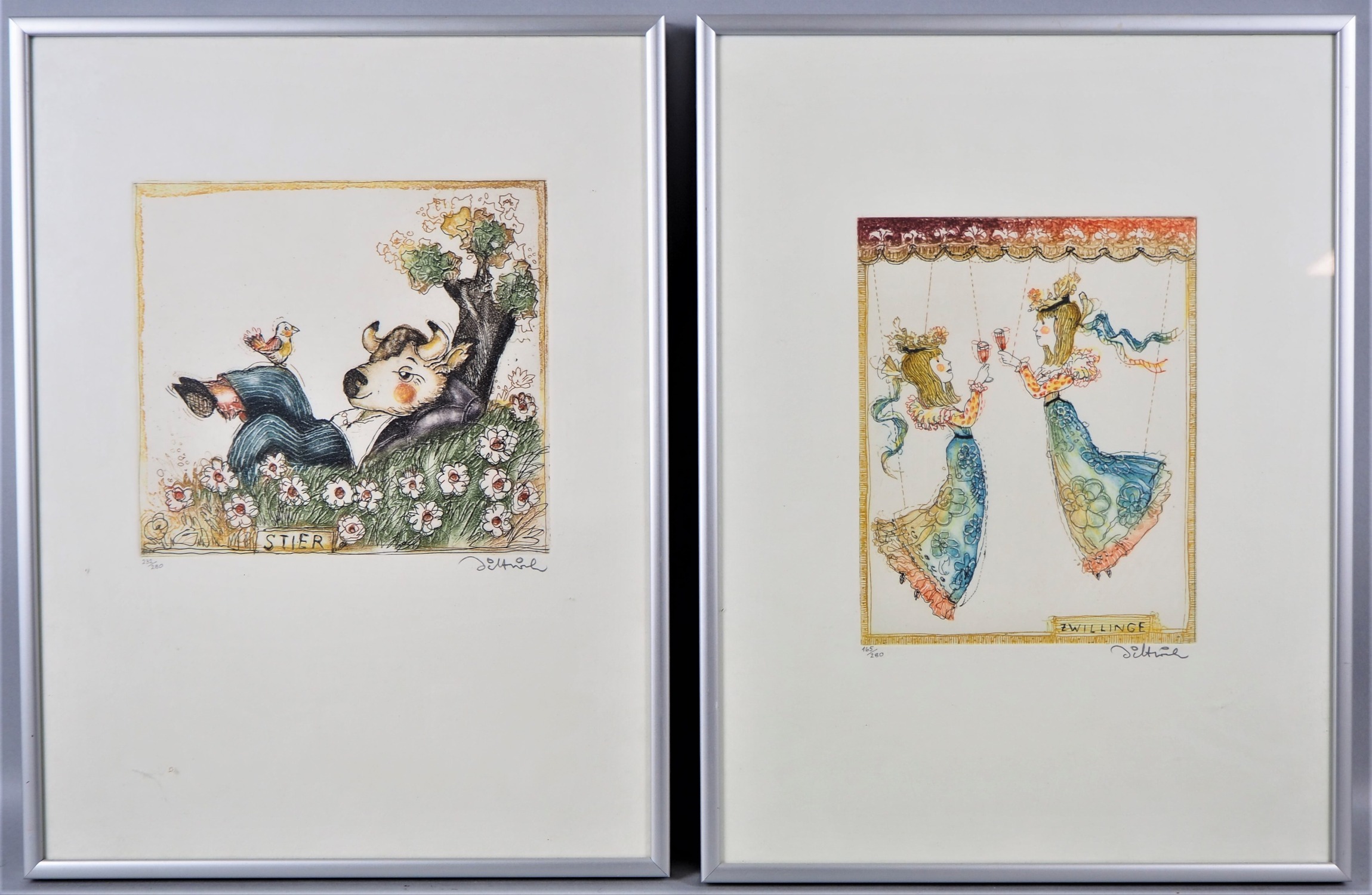 Simon Dittrich (b. 1940) Two color lithographs, zodiac signs "Gemini" and "Taurus", 1991.