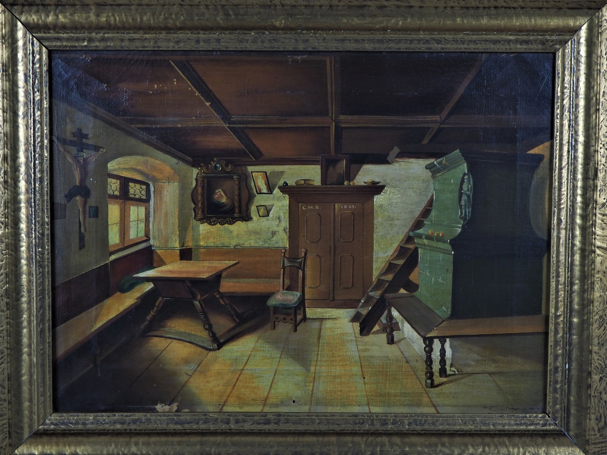 Oil painting, View into a peasant's parlor, 1867. - Image 2 of 3