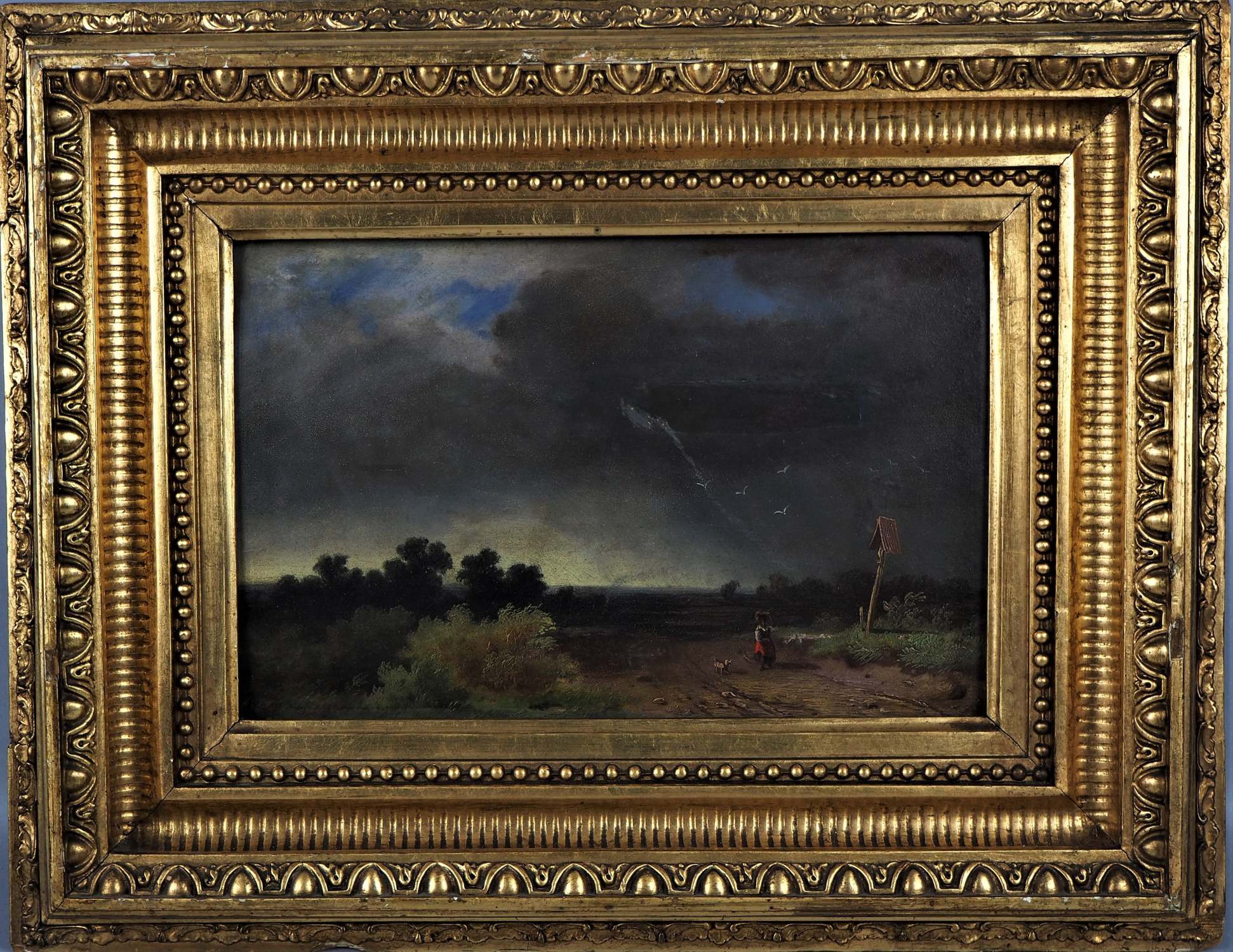 Romanticism painting, girl in the approaching thunderstorm, beginning of the 19th century. 