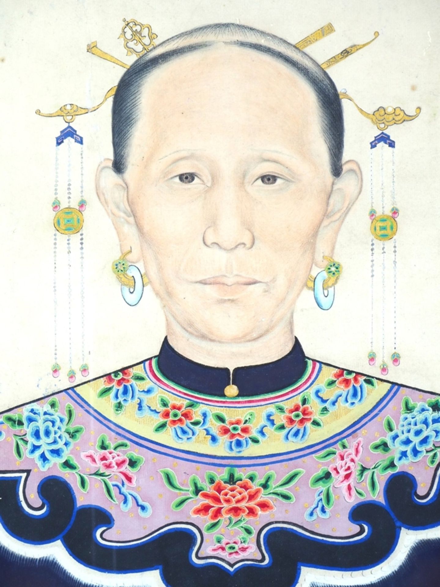 Paar große Porträts, chinesische Würdenträger / Mandarin (Beamte), Qing-Dynastie wohl 18./19. Jh. - Bild 3 aus 12