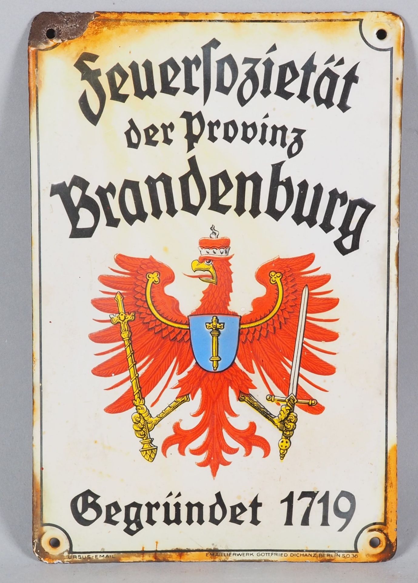 Antikes Emaille Schild "Feuersozietät der Provinz Brandenburg. Gegründet 1719"