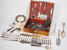 Mixed lot of Art Nouveau cutlery in crocodile leather case, silver & silver-plated