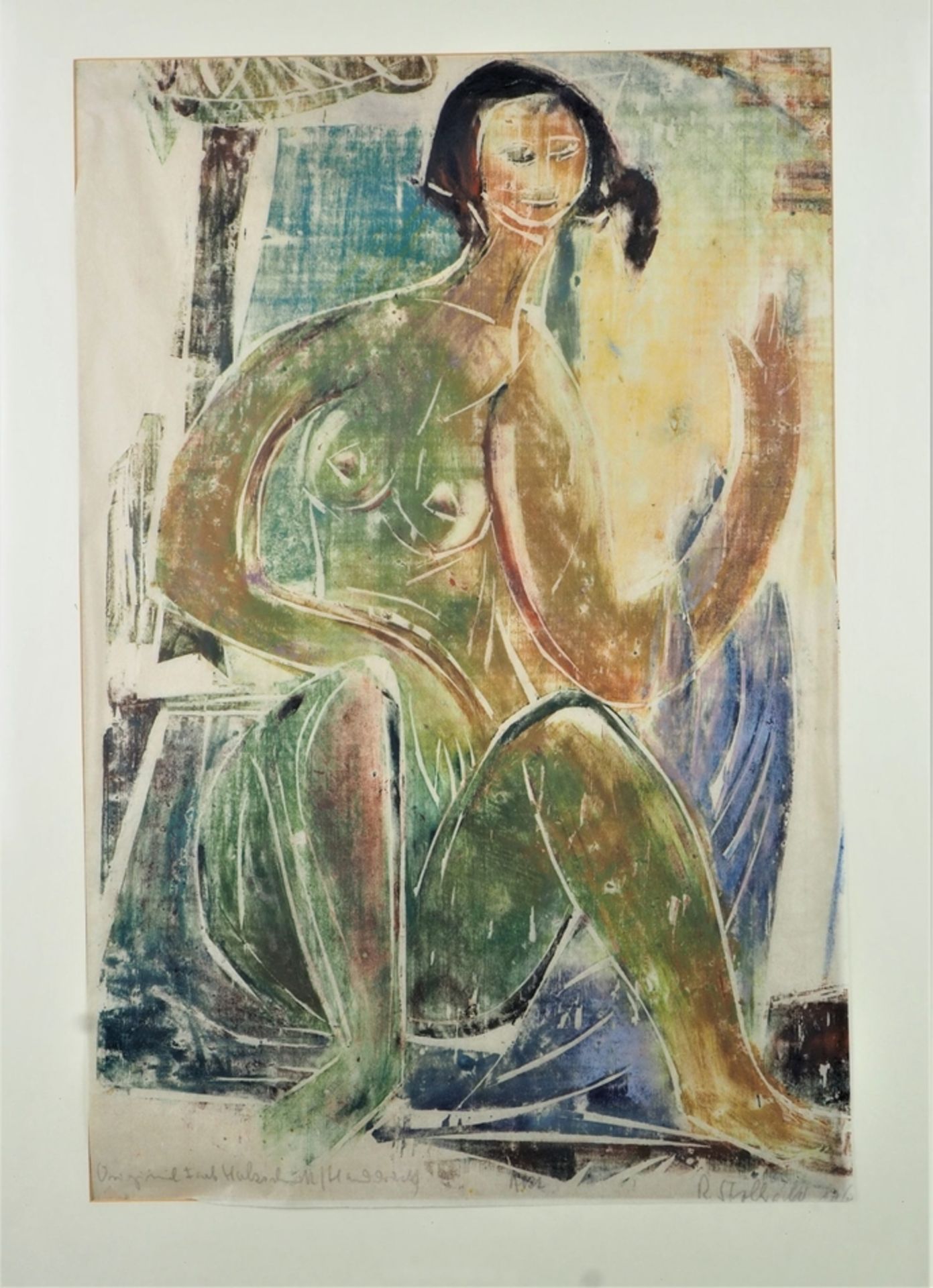 Reinhold Strohhäcker, original color woodcut/hand print "Nude", 1960s.