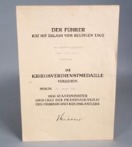 Urkunde zur Kriegsverdienstmedaille 1944, dem Wagner-Gruppenführer aus Bellenberg