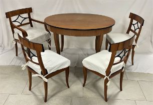 Biedermeier table with 4 chairs, one of them as armchair