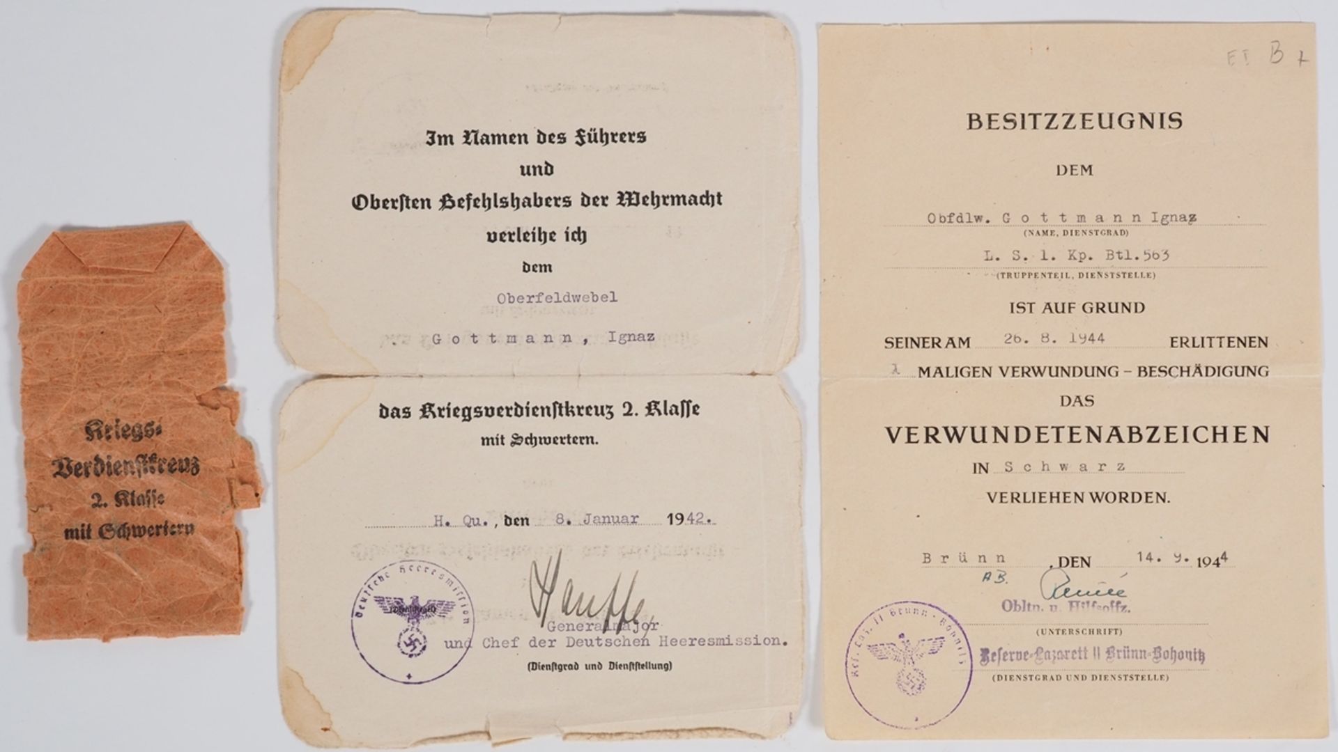 Wehrmacht Oberfeldwebel certificates estate - Landesschützen-Bataillon 563, Cosel (Upper Silesia)