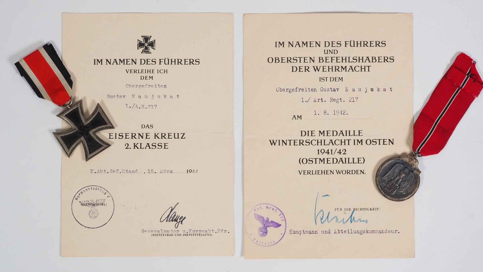 Wehrmacht soldiers estate with medals & certificates - Artillery Regiment 217, Allenstein