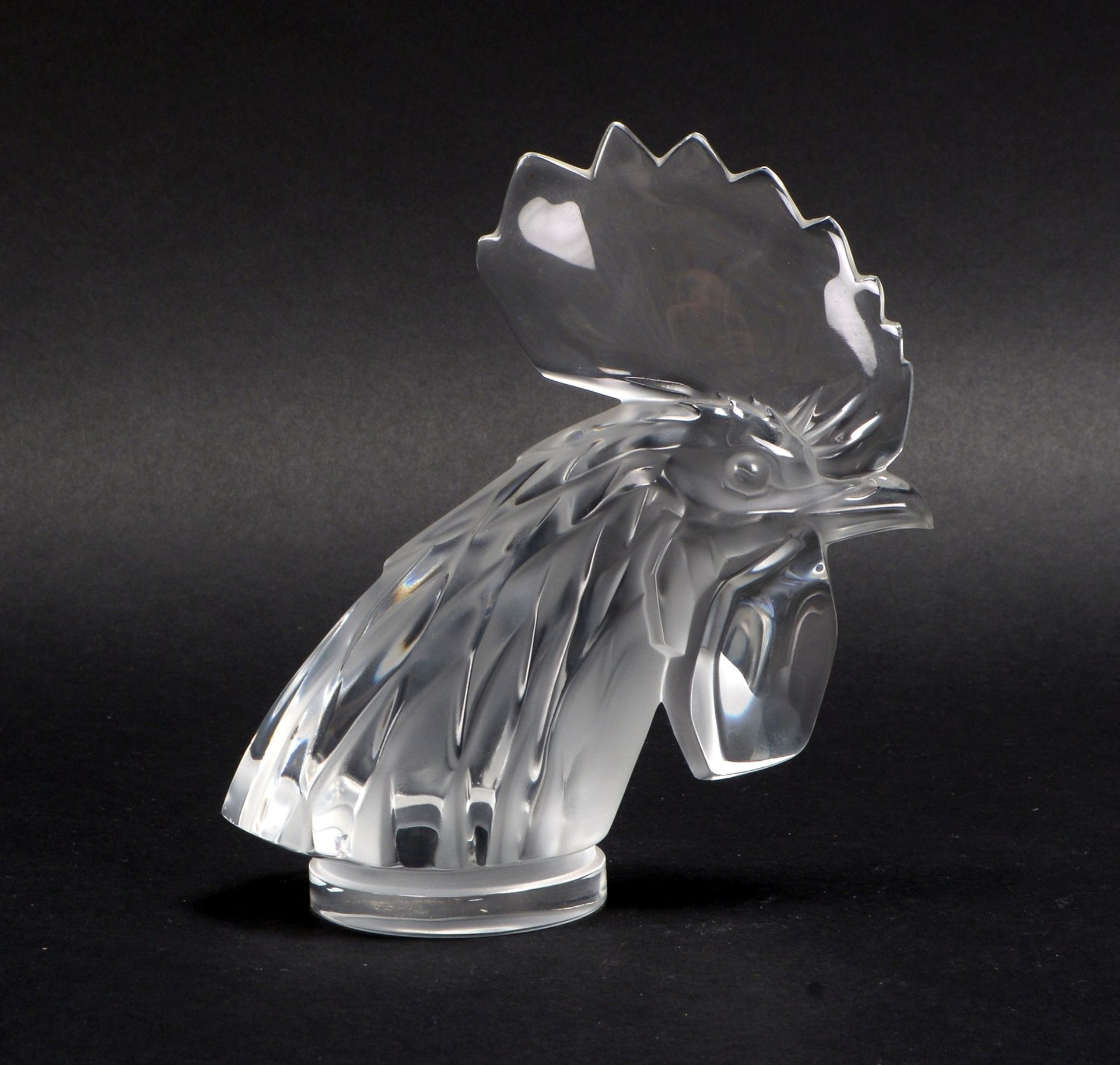 Lalique/Frankreich, Glasobjekt, &#039;Hahnenkopf&#039;, Kristallglas, signiert