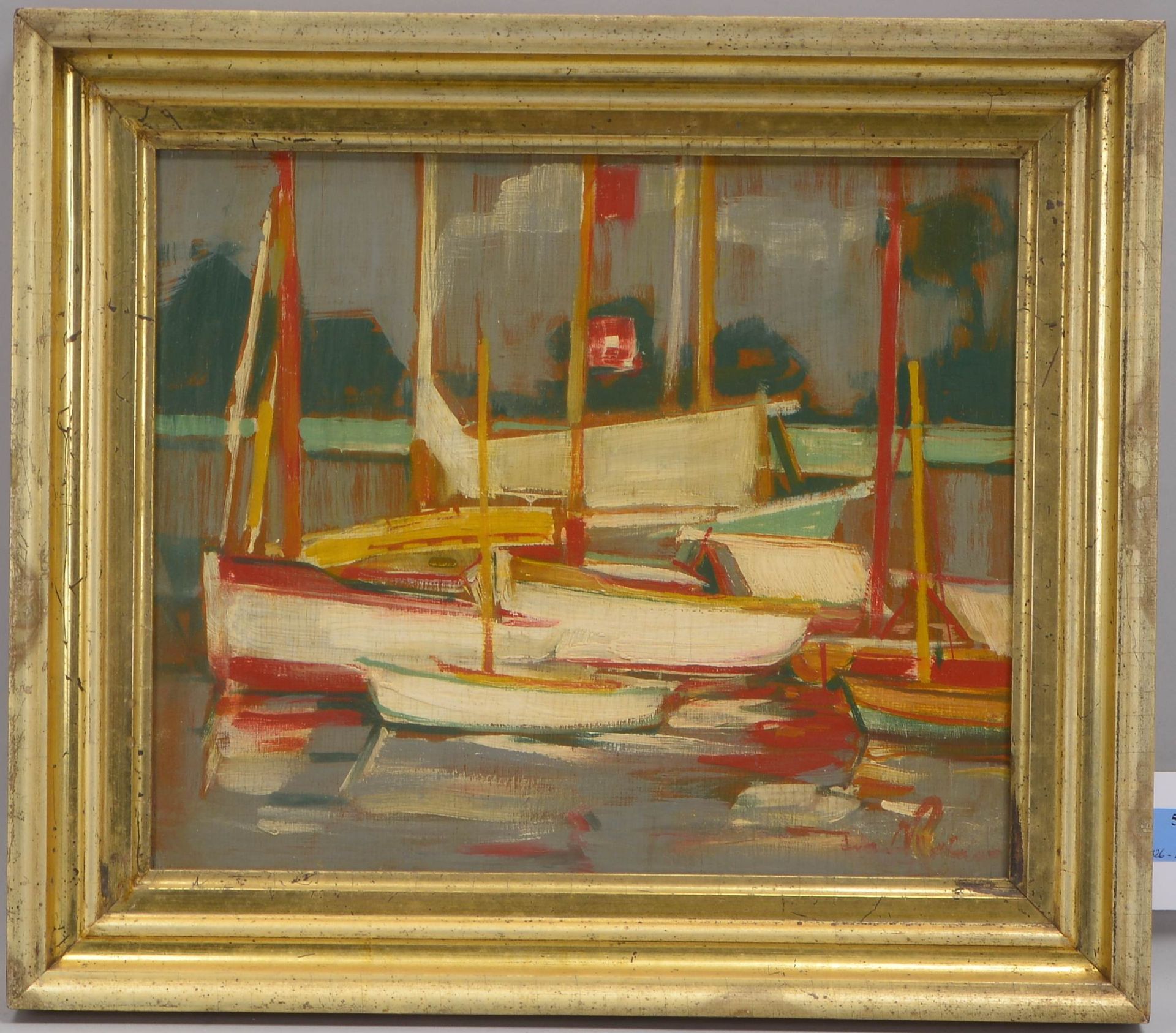 Reimer, Tom (1906 - 1975, Hamburg), &#039;Boote im Hafen&#039;, &Ouml;l/Holz