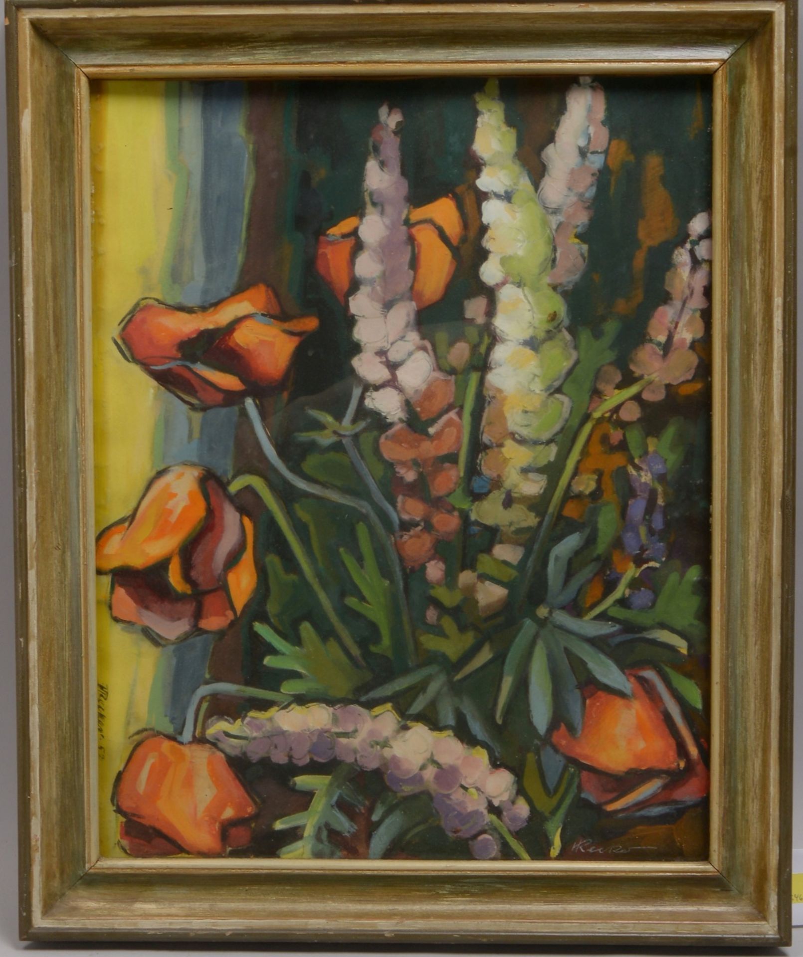 Recker, H., 'Blumenstillleben', Öl auf Malpapier, hinter Glas gerahmt; Maße 54 x 42 cm