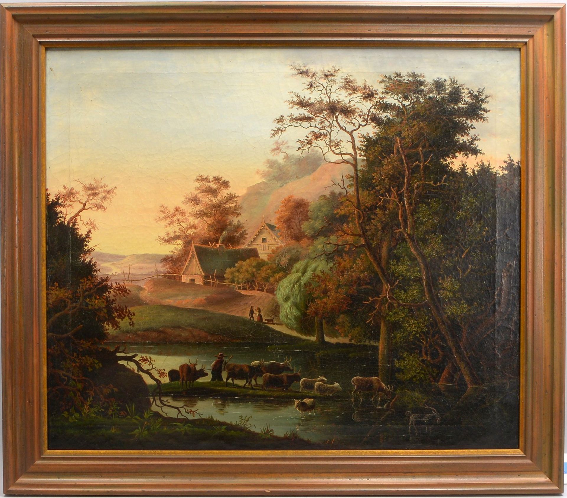 Gemälde (19. Jh.), 'Bauer mit Kuh- und Schafherde vor Gehöft am Fluss', Öl/Lw