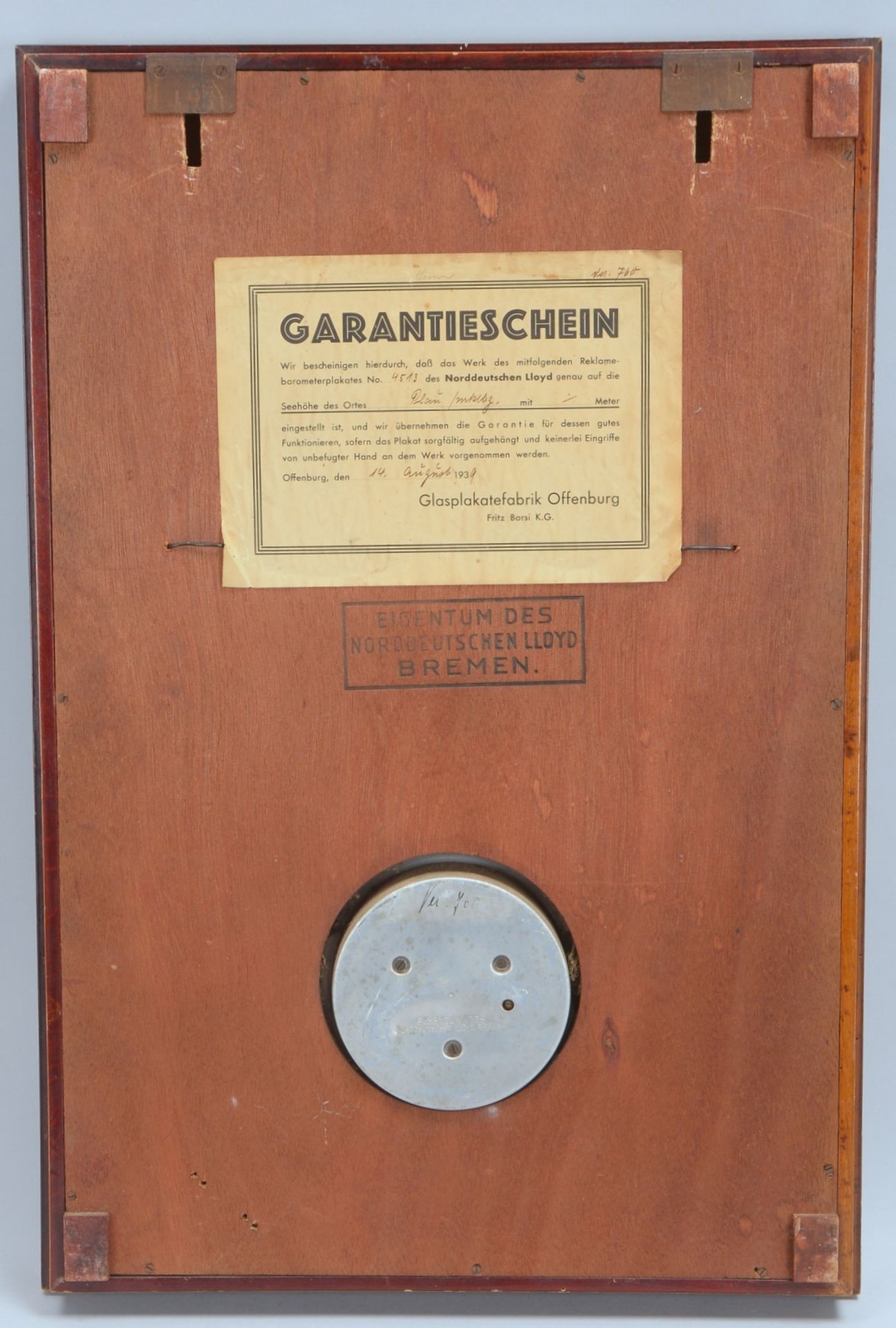 Sammler-Glasplakat (um 1937), &#039;NDL Bremen&#039;, mit Barometer, auf Holz mont., gest. - Image 2 of 2