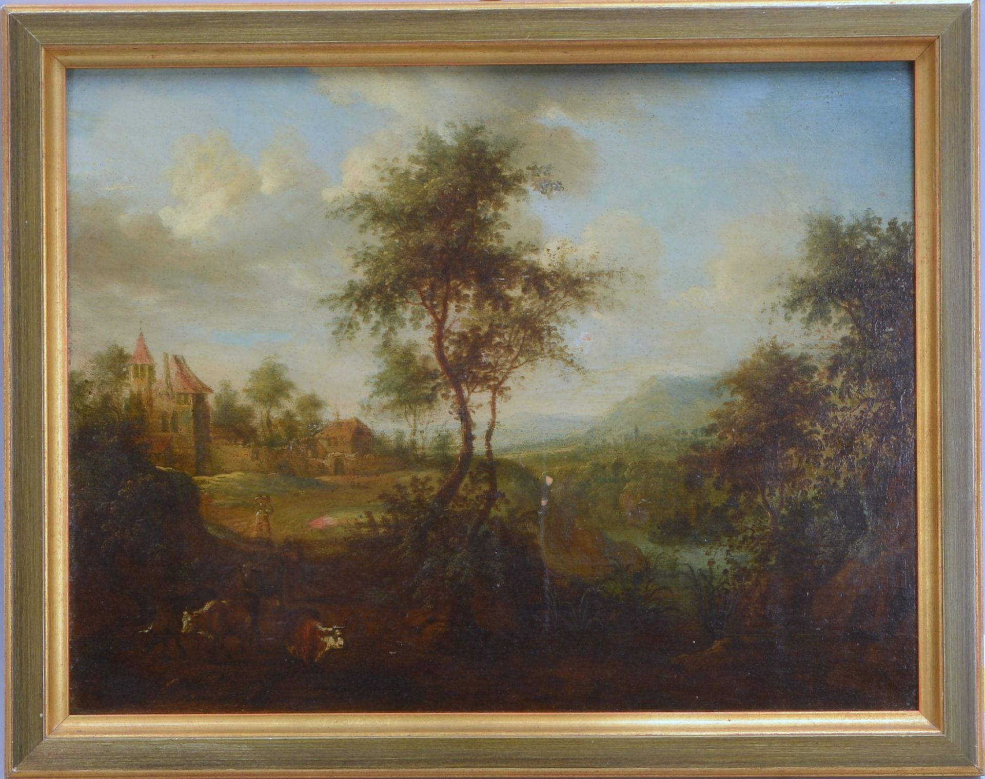 Gem&auml;lde (wohl 18. Jah.), &#039;Romant. Landschaft mit K&uuml;hen und Burg&#039;, &Ouml;l/Holz