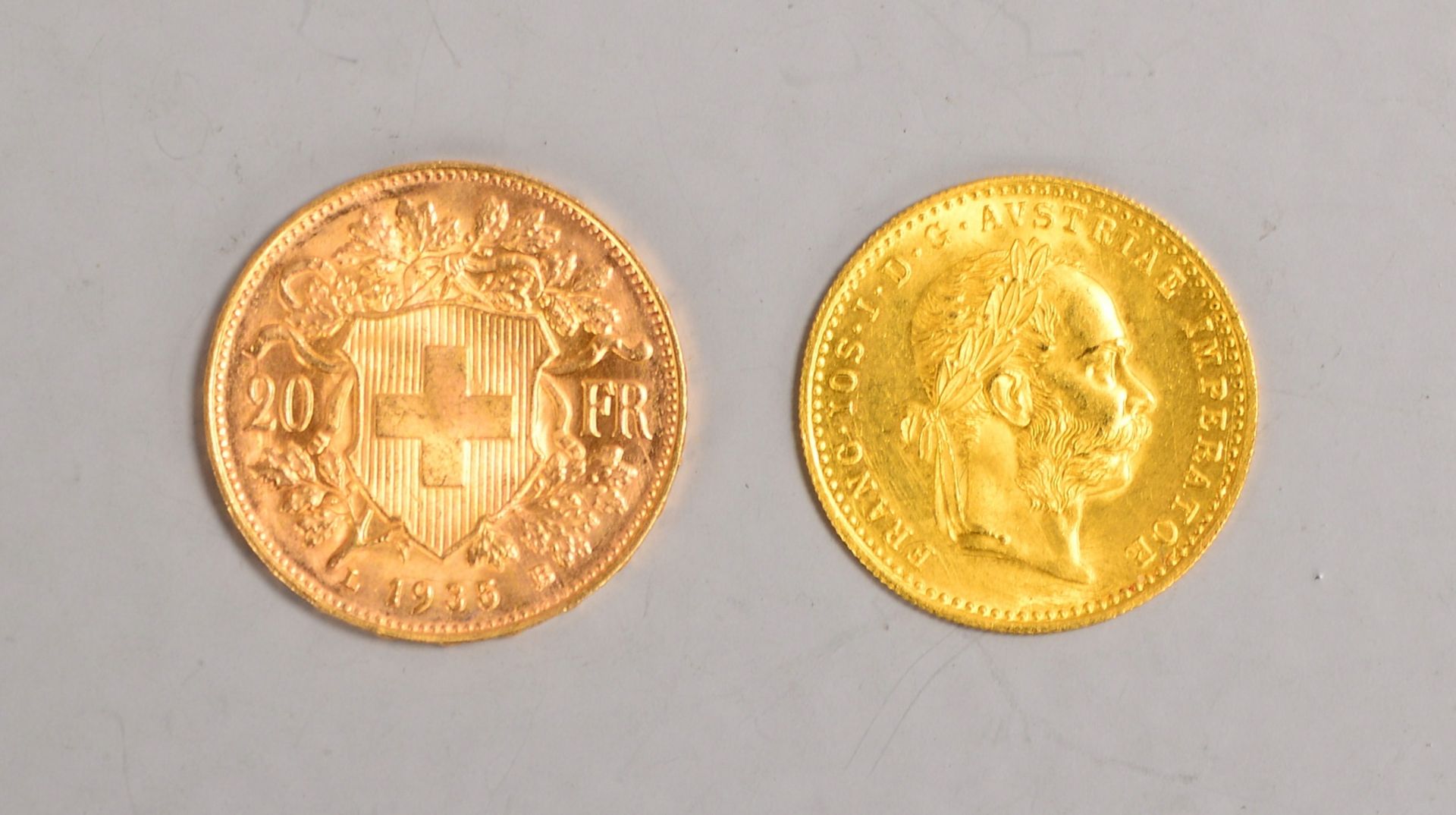 2 Goldm&uuml;nzen: &#039;20 Franken&#039;, 900 Gold, Gew. 6,45 g; und &#039;1 Dukat&#039;, 986 Gold, - Image 2 of 2